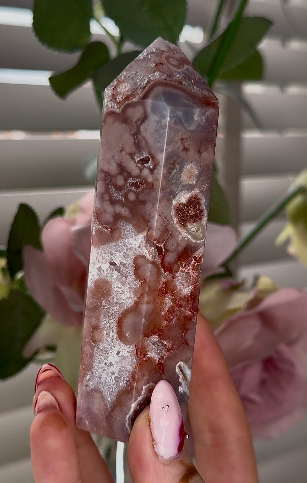 Pink amethyst tower with quartz 17cm by 5cm