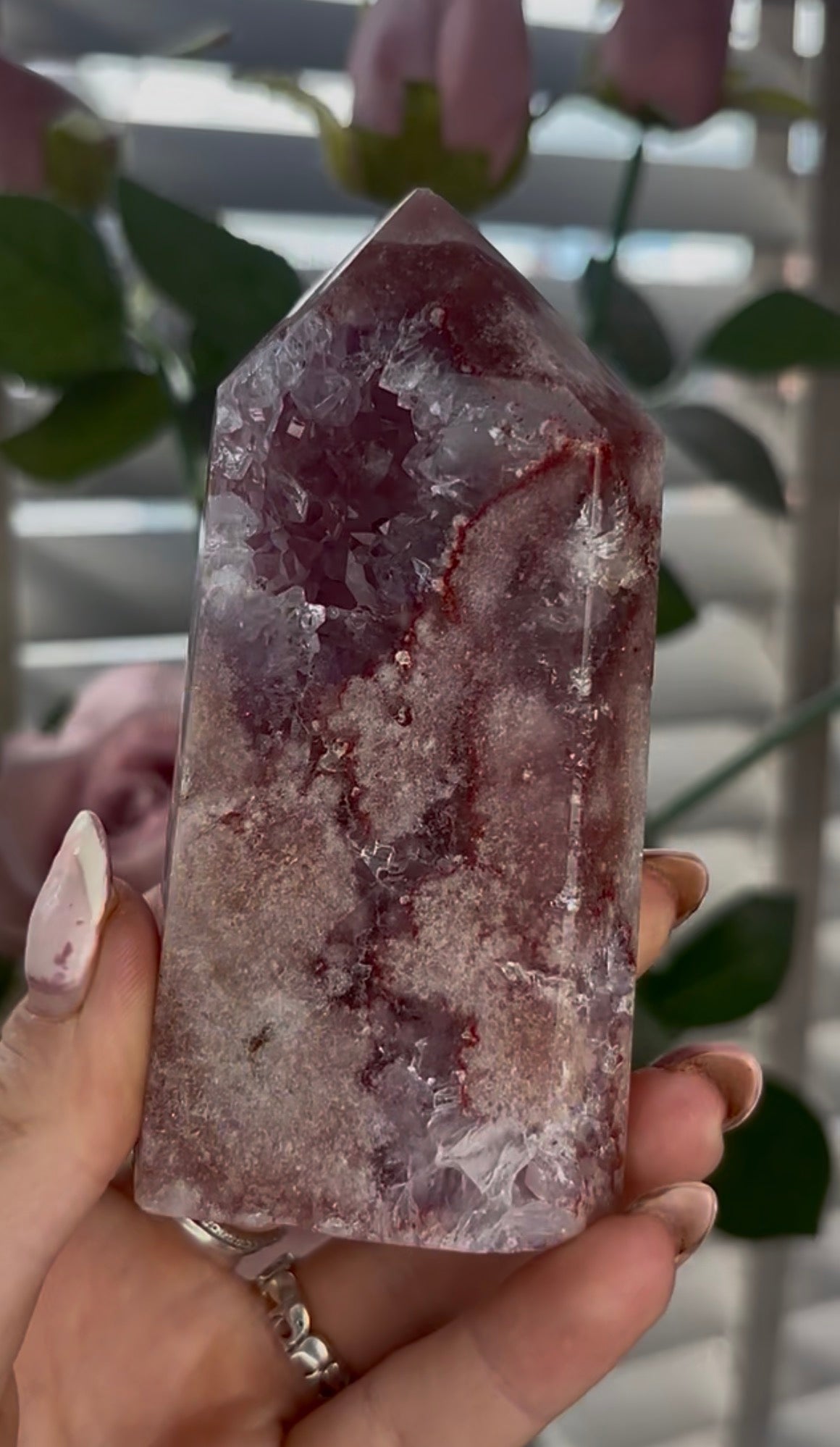 Beautiful, high quality, Pink amethyst tower with purple quartz