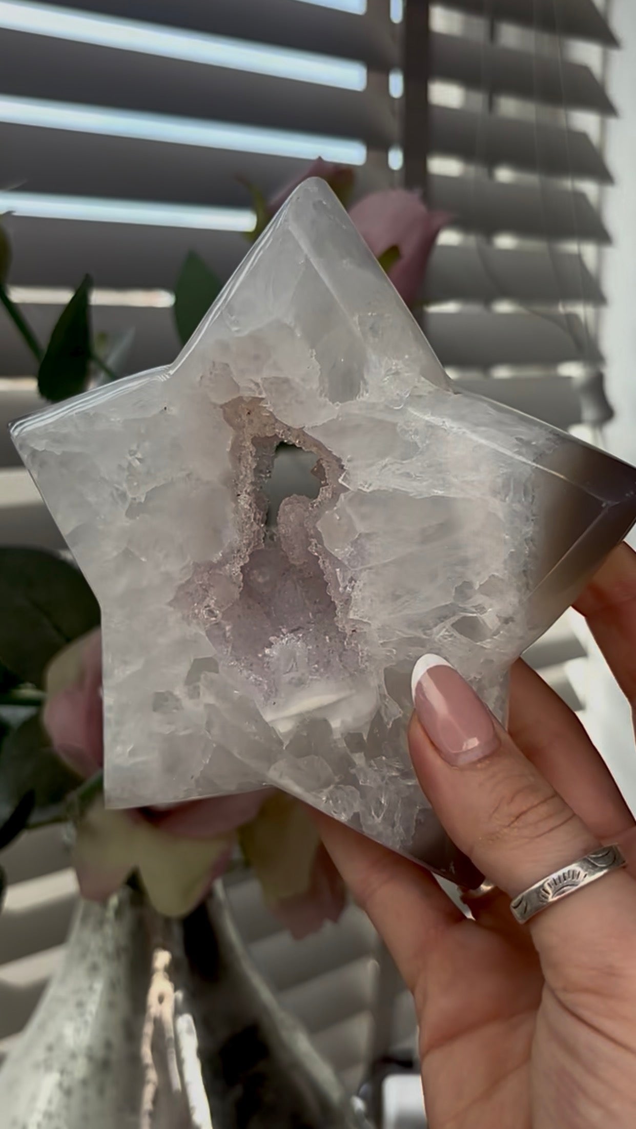 Beautiful, large, high grade, agate star with druzy - comes with stand