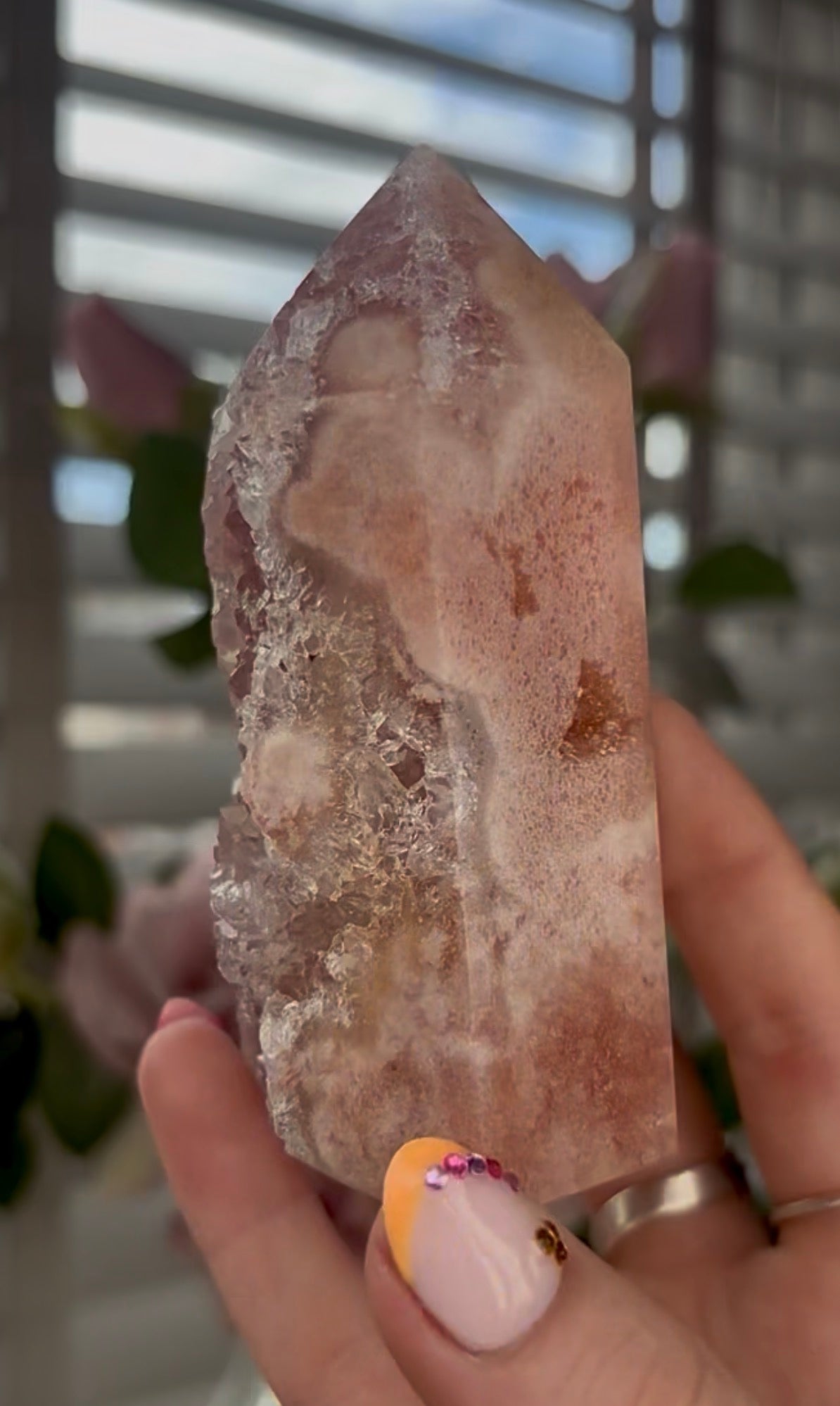 Beautiful, high quality, Pink amethyst tower in peach tone