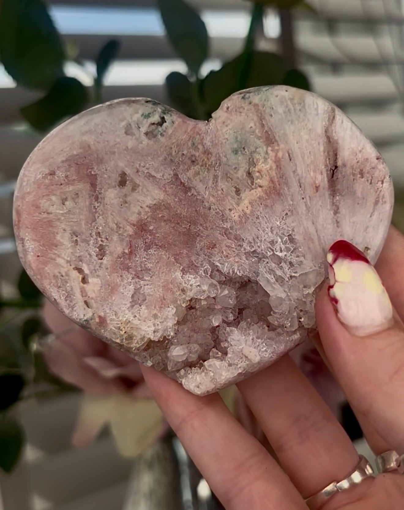pink amethyst heart with rutile - comes with stand