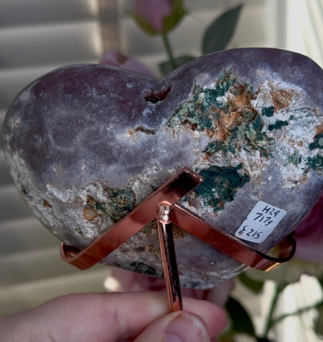 Hq pink amethyst heart  in a deep purple tone - comes with stand