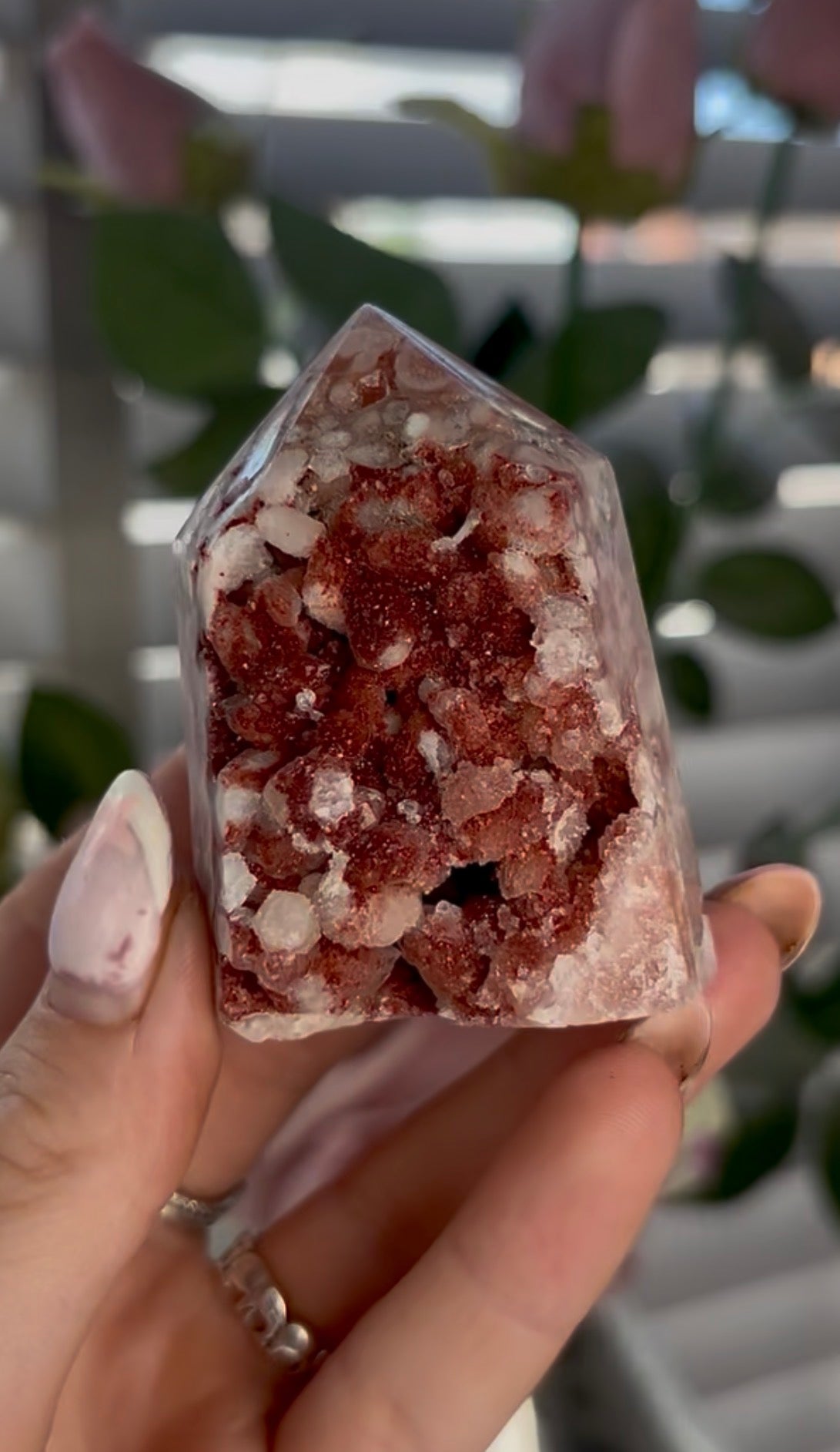 Beautiful, high quality, Pink amethyst tower with orbicular formations covered in red sugar druzy