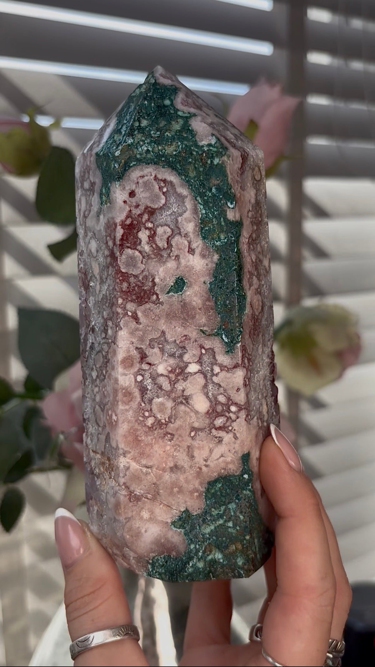 Beautiful, Pink amethyst tower with purple quartz teeth 17cm(h) by 7cm(w)