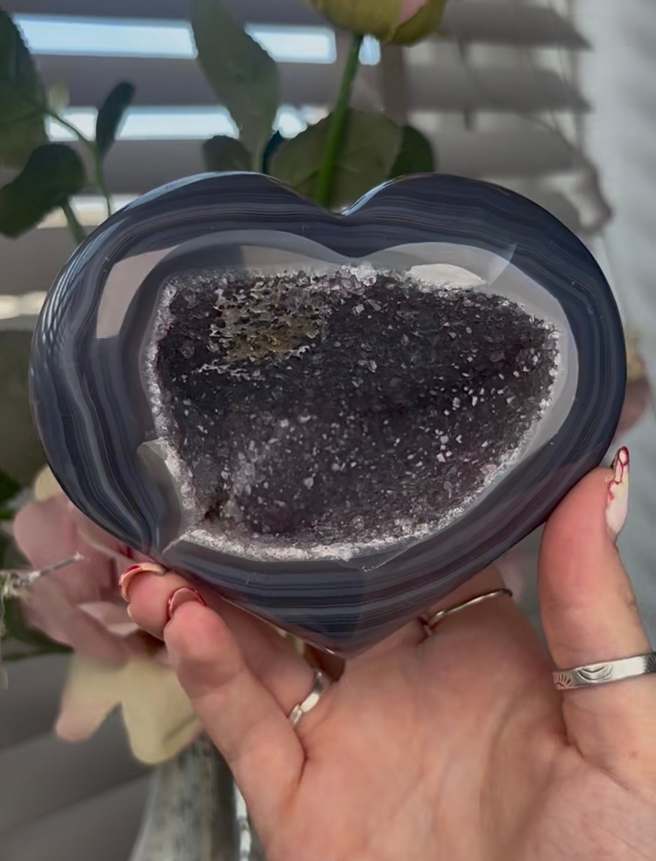 Beautiful, high quality, blue agate heart with druzy - stand included