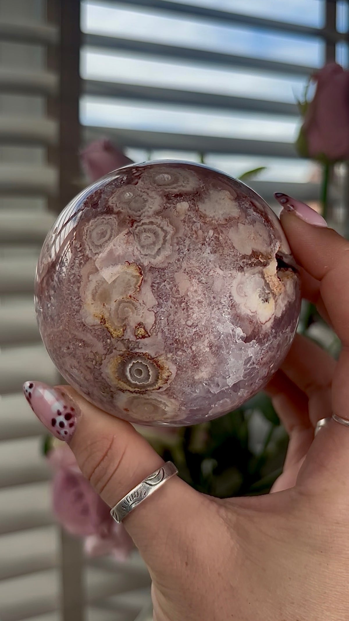 High grade, amethyst Flower agate sphere with high clarity quartz 8cm