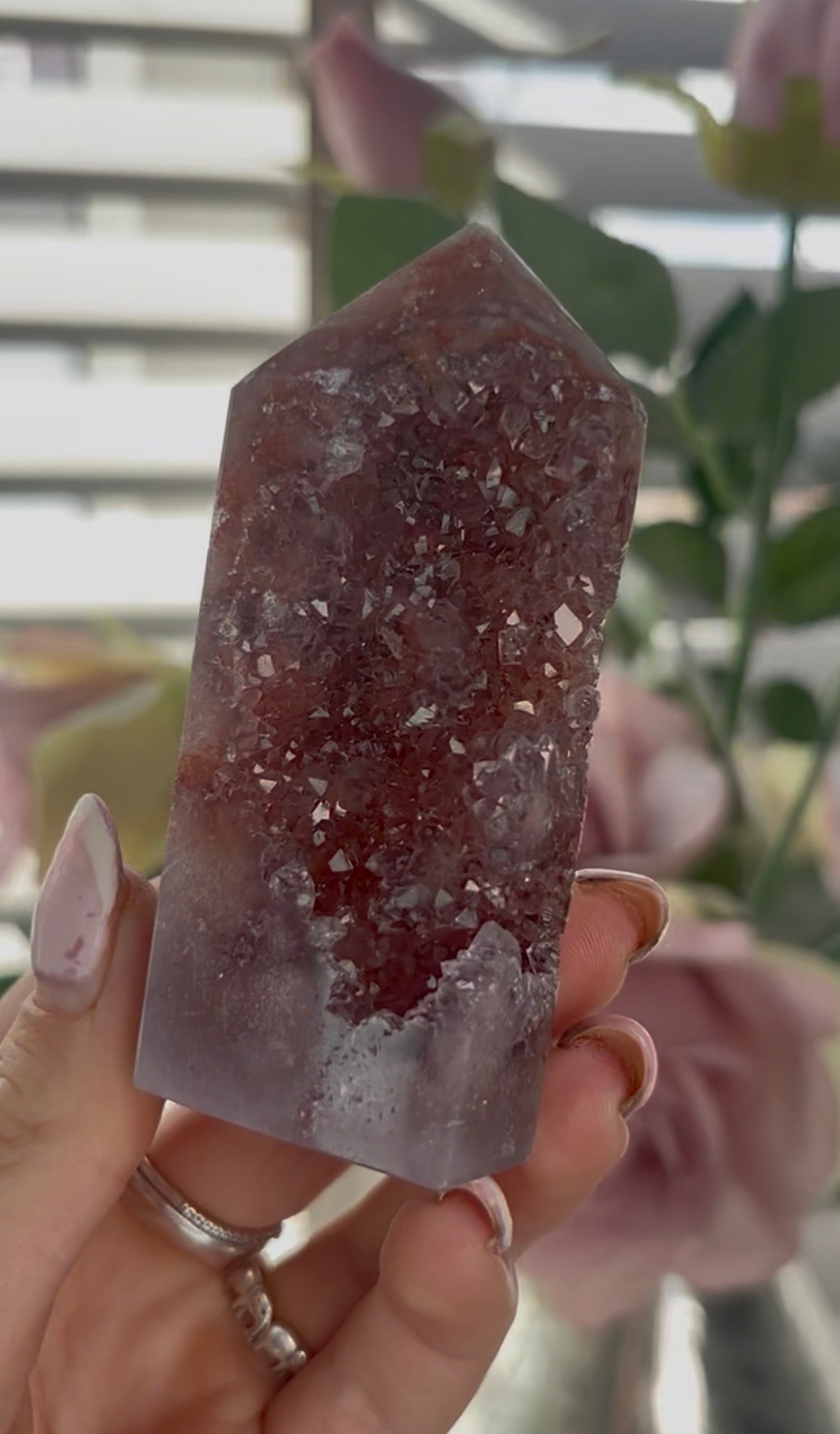 Beautiful, high quality, Pink amethyst tower in berry tones with sugar druzy