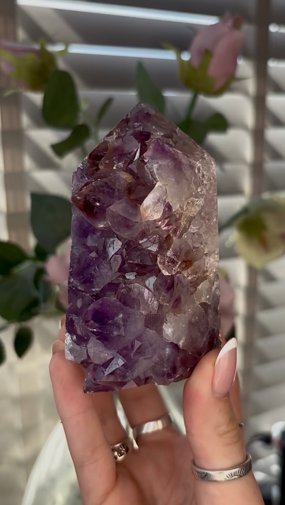 Beautiful, chunky Pink amethyst tower with purple quartz 9.5cm(h) by 6cm(w)