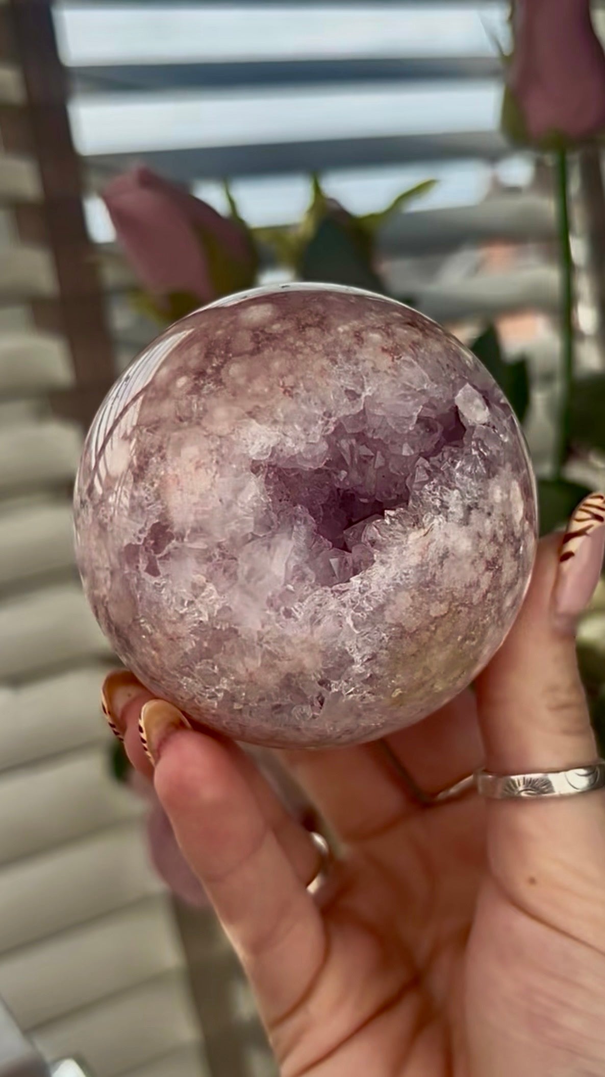 High grade, amethyst Flower agate sphere with druzy quartz- 7.2cm wide