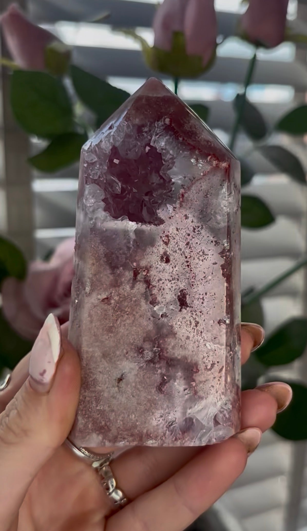 Beautiful, high quality, Pink amethyst tower with purple quartz