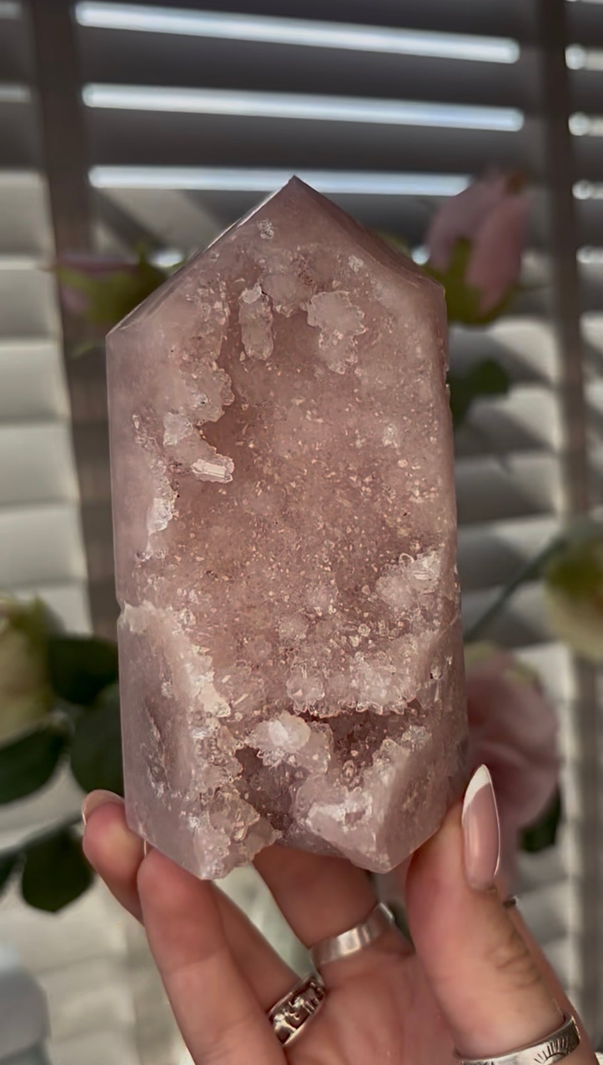 Beautiful, high quality, Pink amethyst tower 11.5cm(h) by 6cm(w)