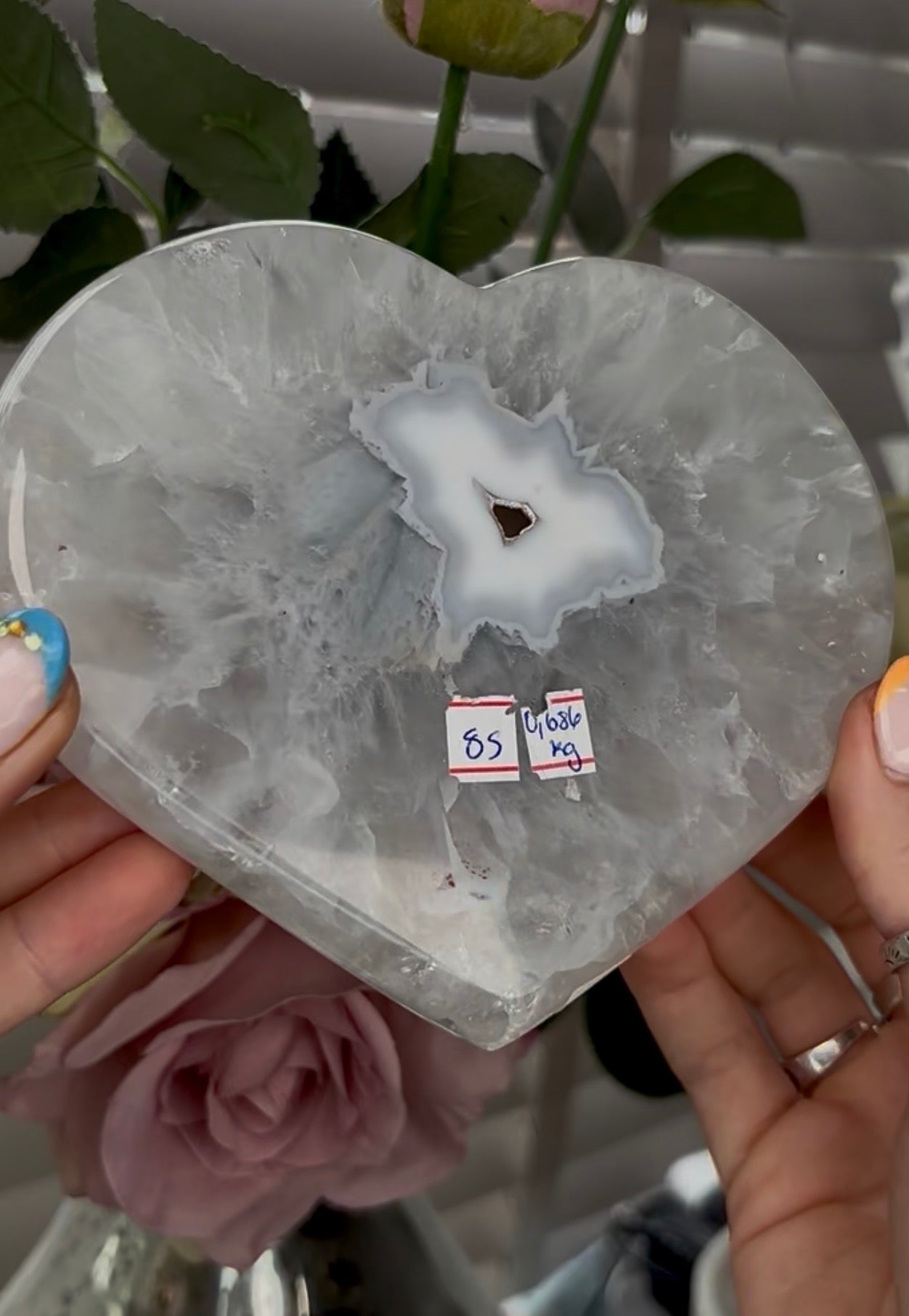 Beautiful, high grade, agate heart with druzy - comes with stand
