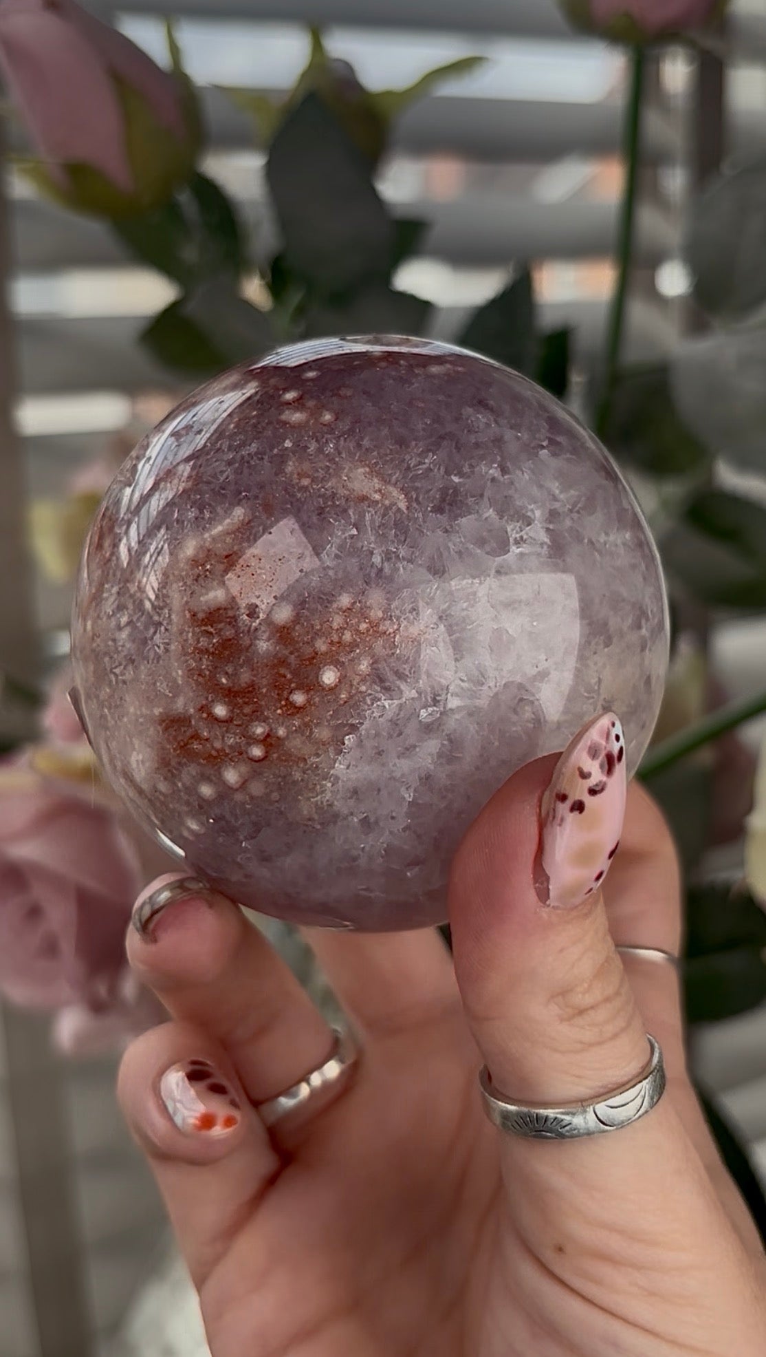 High grade, amethyst Flower agate sphere with high clarity quartz