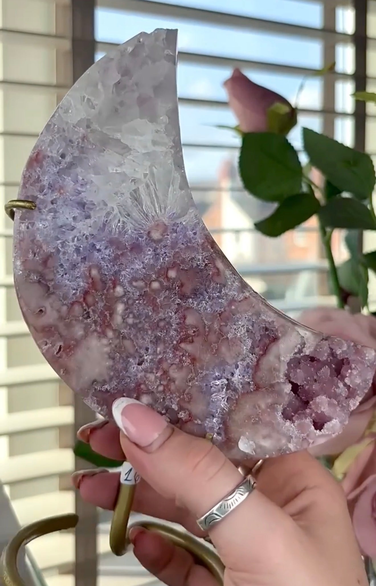 High grade, pink amethyst moon with quartz - comes with stand