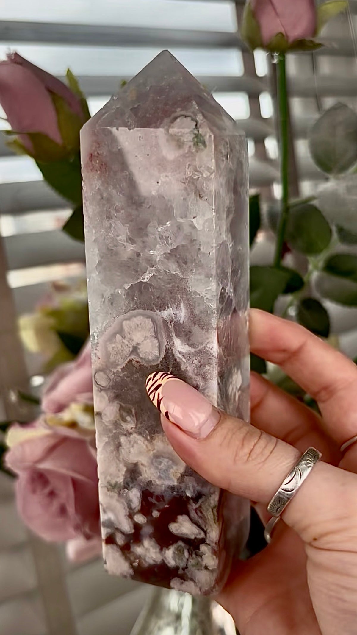Stunning!! Super high quality, Druzy, green chlorite x blue flower agate tower