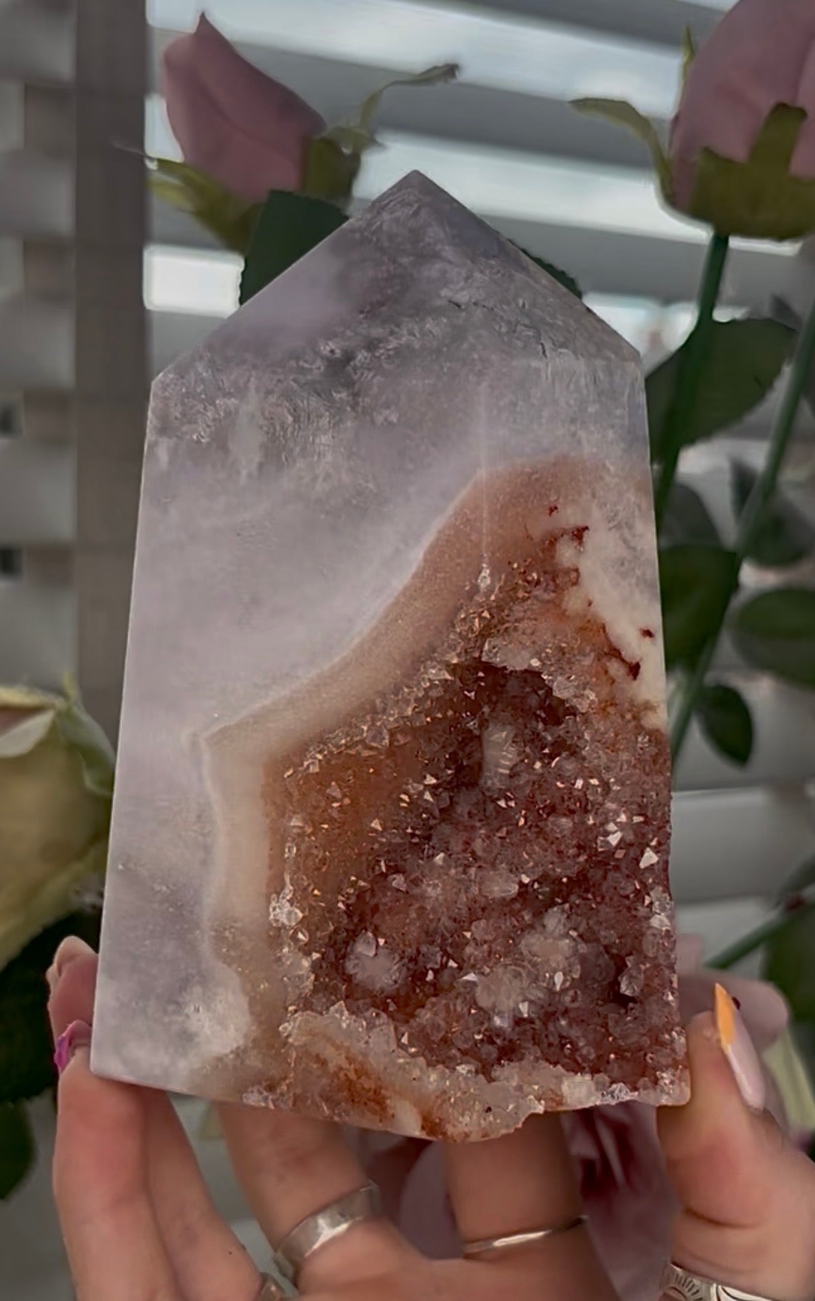 Large, High quality, Pink amethyst tower, with orange druzy