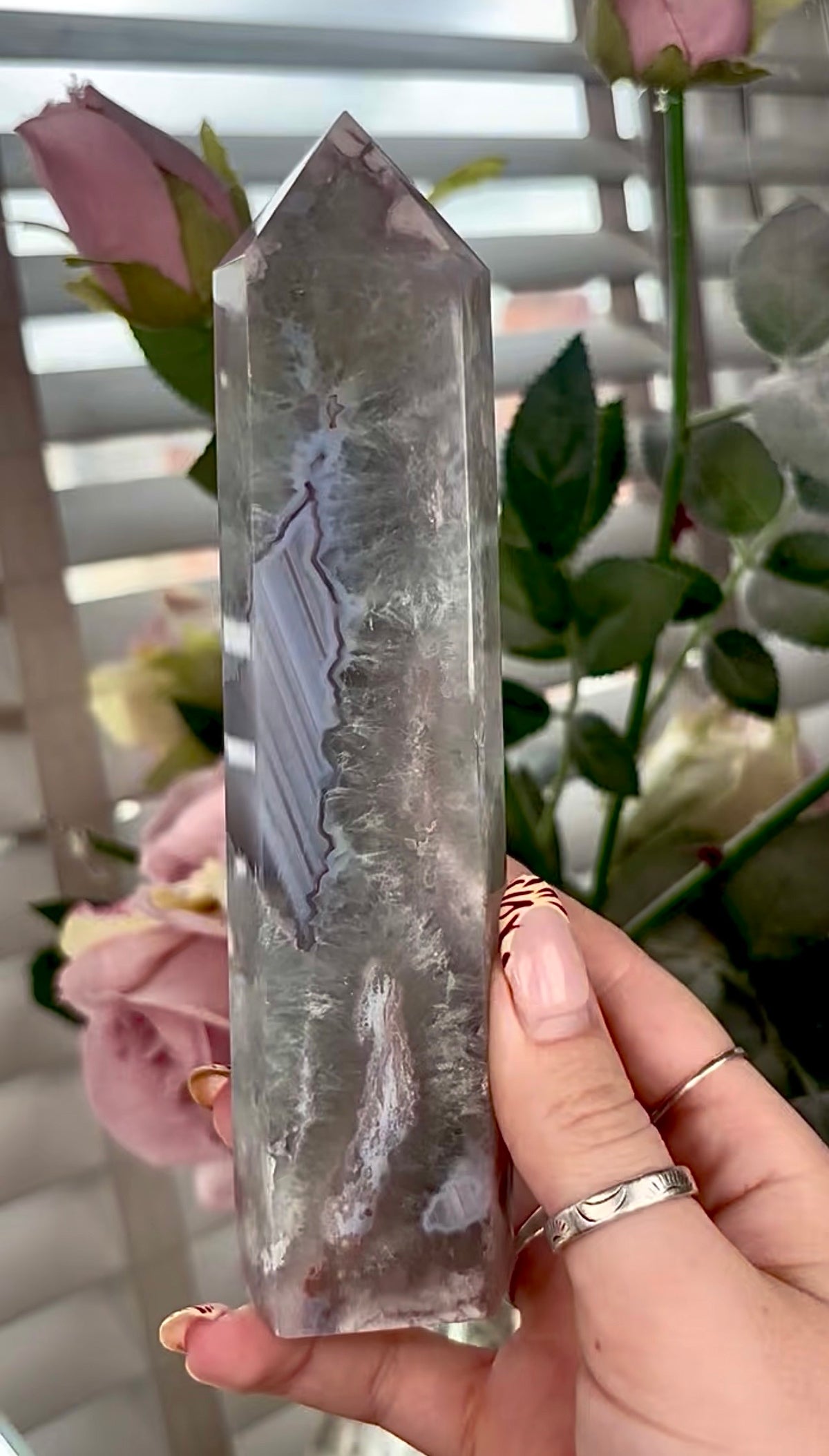 Stunning!! Super high quality, Druzy, green chlorite x blue flower agate tower