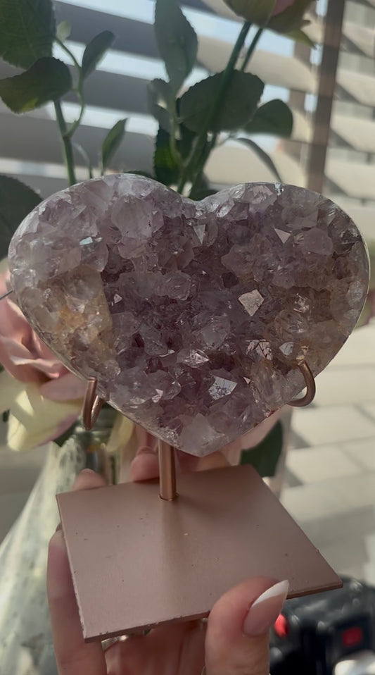 Gorgeous, high quality, pink amethyst heart with lilac quartz  - comes with stand