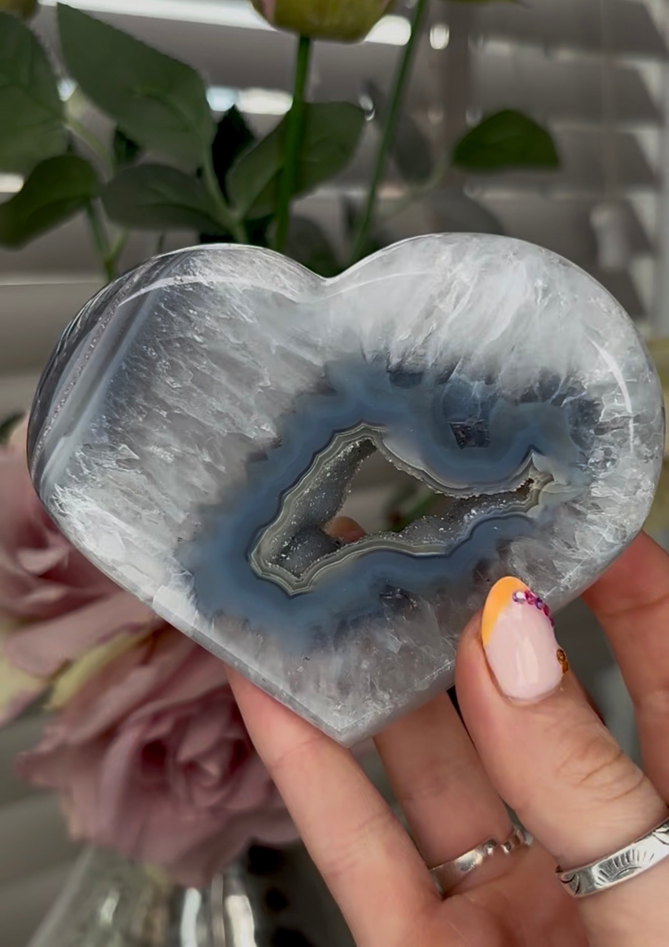 Beautiful, high quality, blue banded agate heart with druzy - stand included