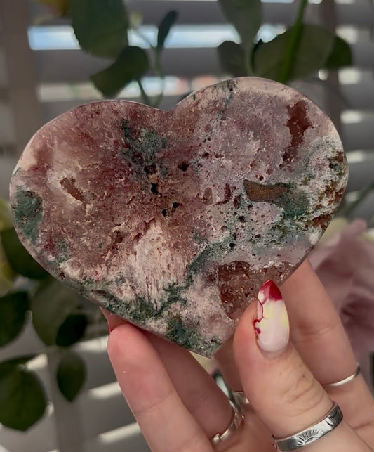 Beautiful pink amethyst heart with green Jasper  - comes with stand (9.5cm)