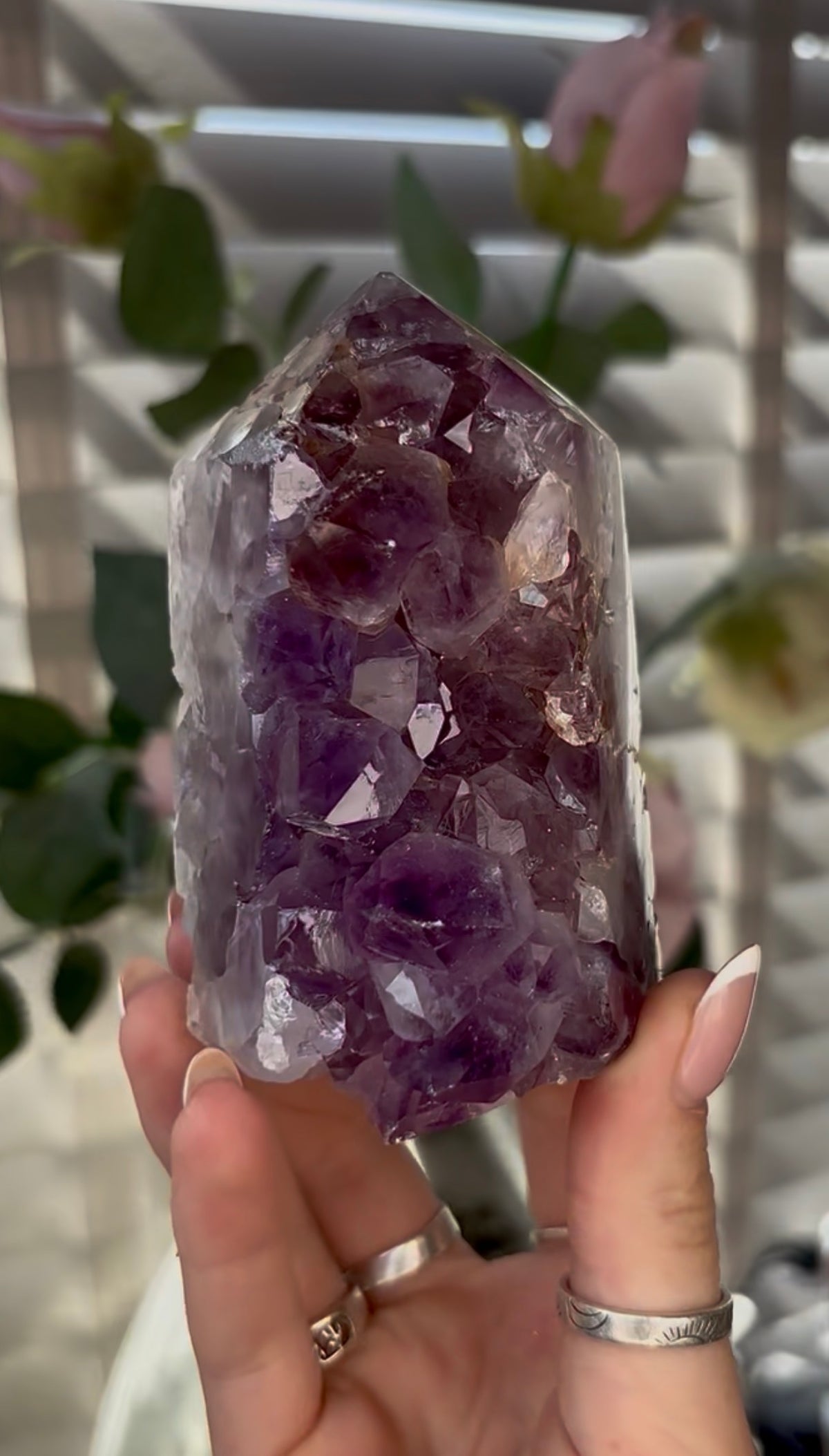 Beautiful, chunky Pink amethyst tower with purple quartz 9.5cm(h) by 6cm(w)