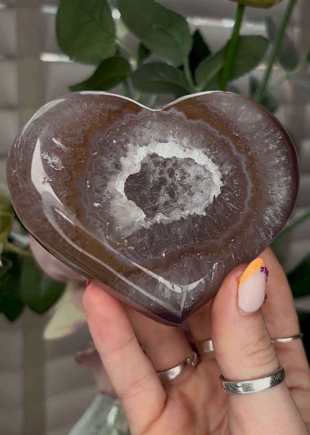 Beautiful, high grade, agate heart with druzy - comes with stand