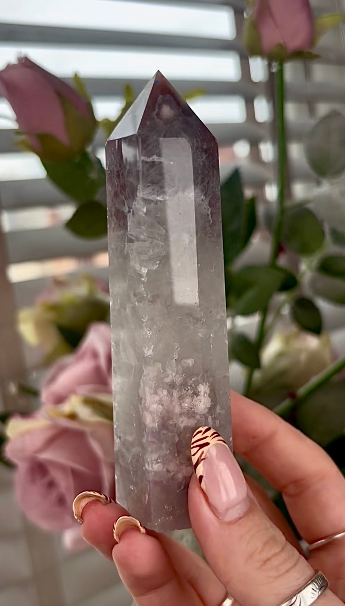 Stunning!! Super high quality, Druzy, green chlorite x blue flower agate tower