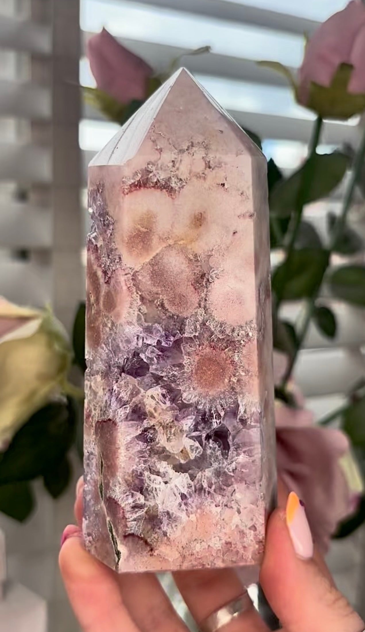 Pretty, Pink amethyst tower, with purple quartz druzy