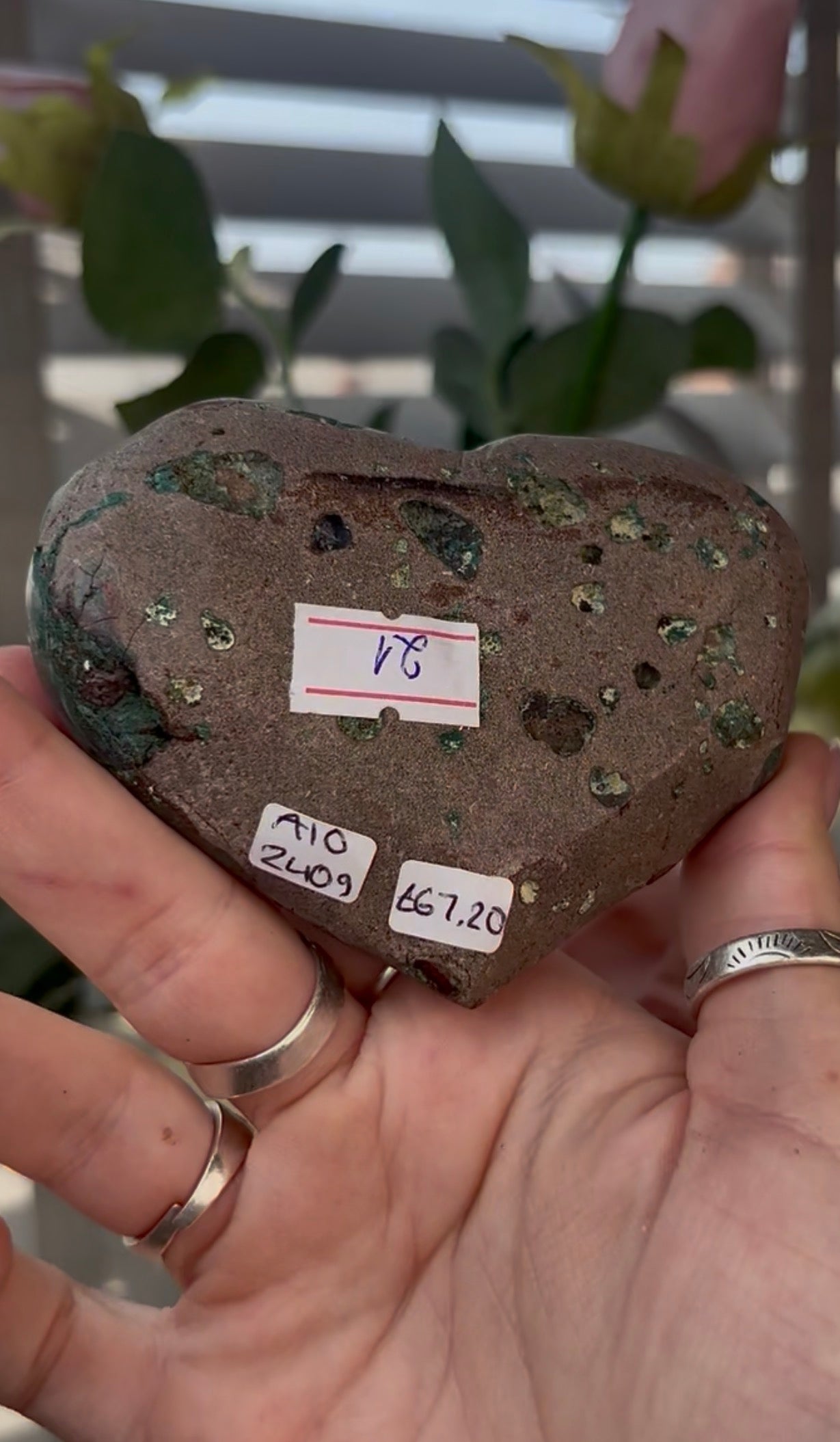 Gorgeous, high quality, pink amethyst heart with Jasper - comes with stand