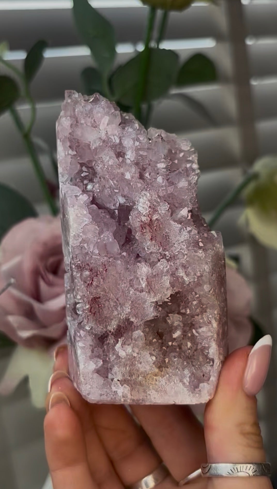 Beautiful, hq, druzy, Pink amethyst tower 10cm(h) by 5.5cm(w)