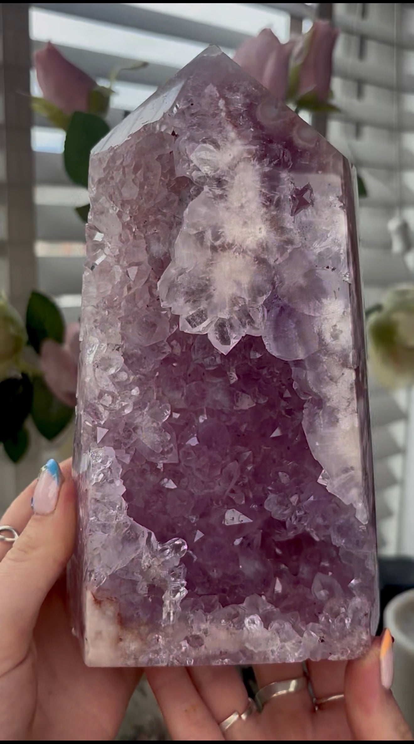 Beautiful, large, high quality, Pink amethyst tower with lilac tone quartz 20.5cm by 11cm