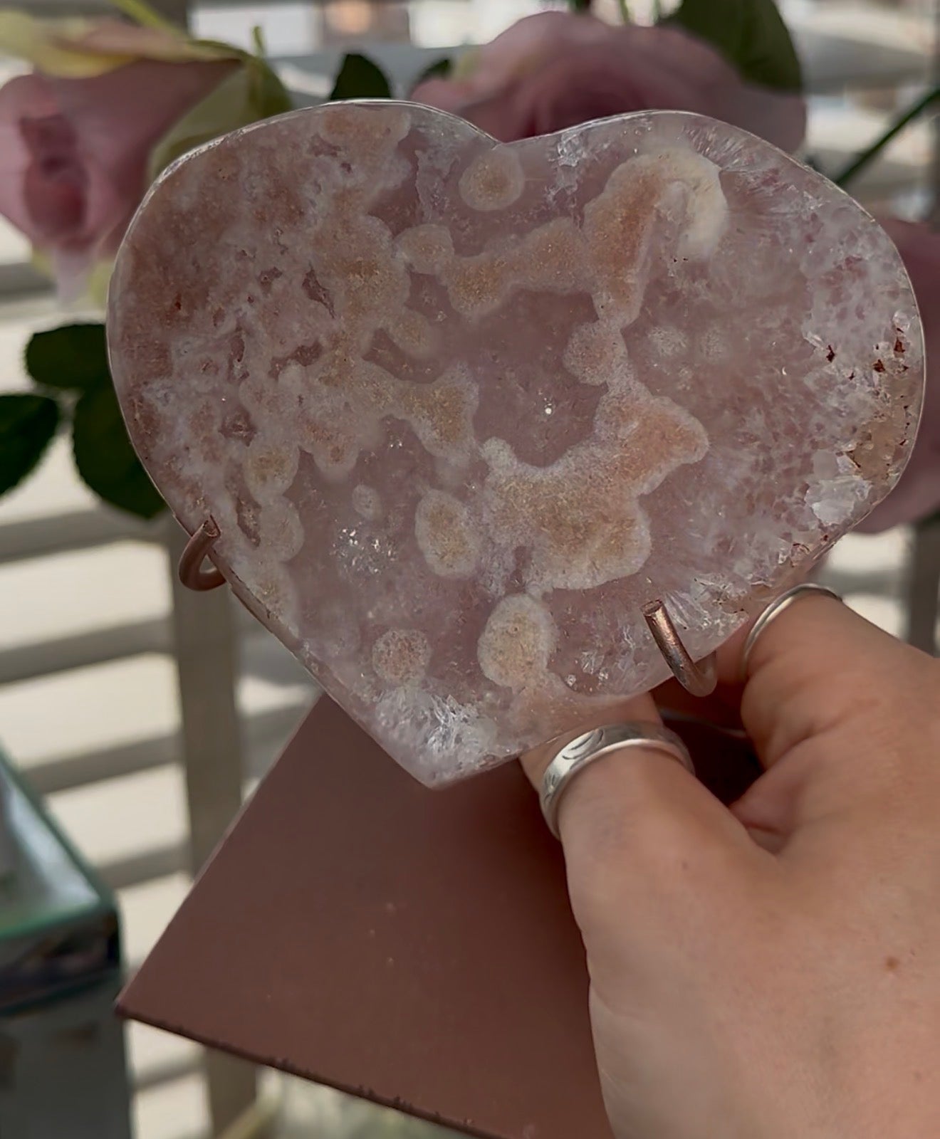 Hq pink amethyst heart with quartz - comes with stand