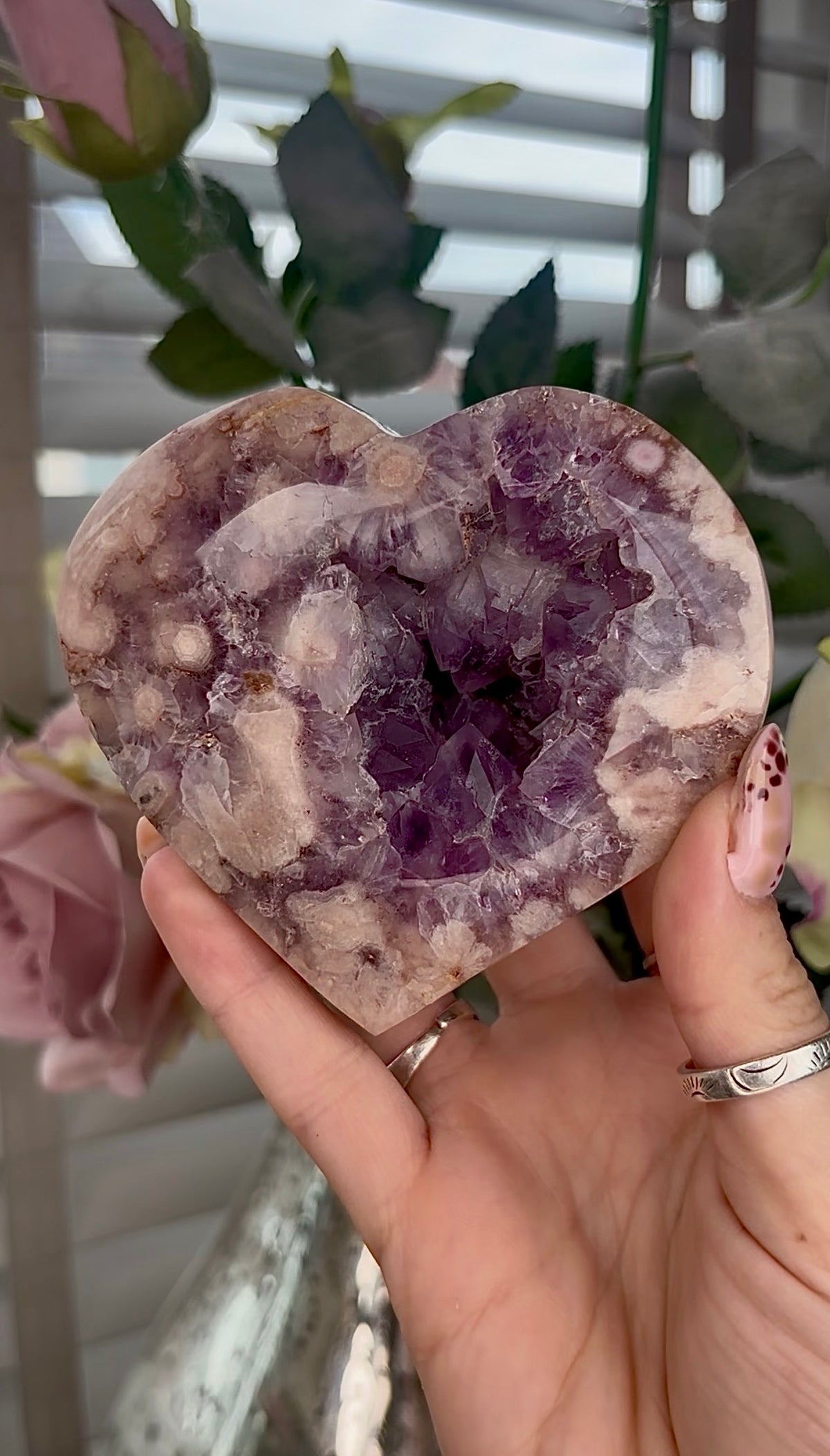 High grade, Amethyst Flower agate heart with stand