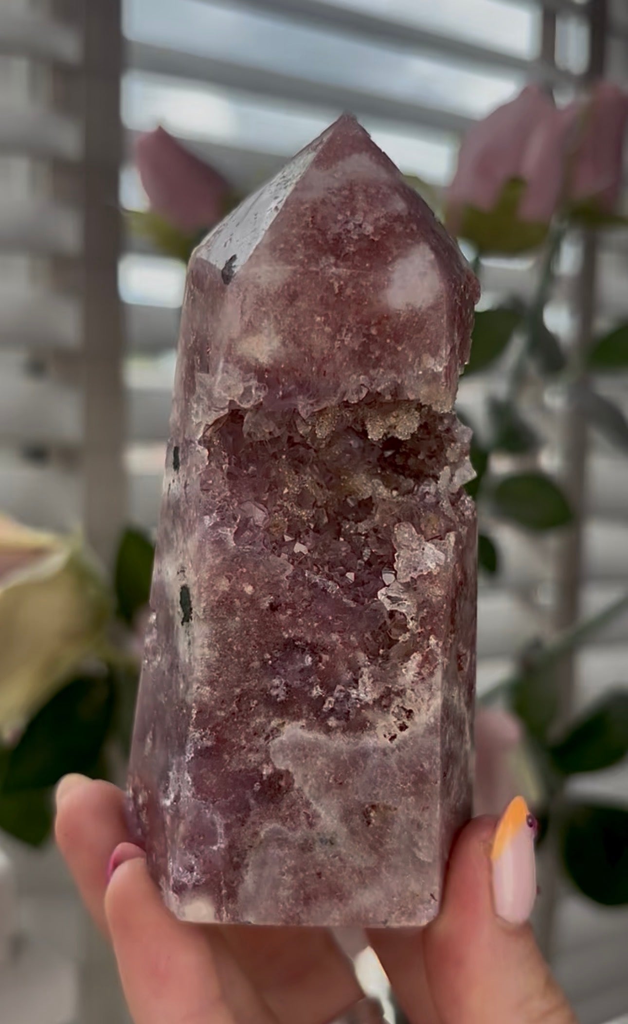 Pretty, Pink amethyst tower with Druzy