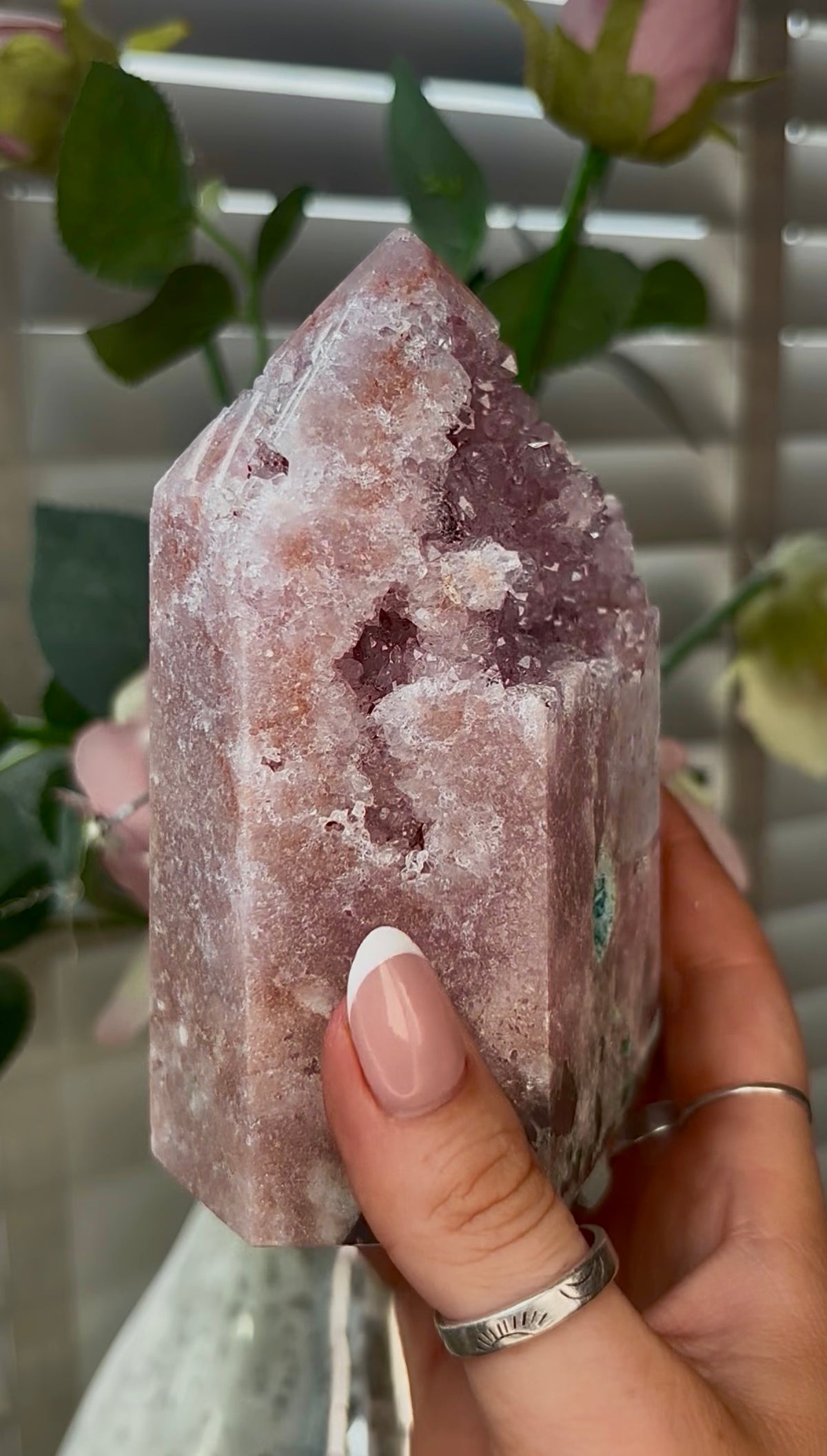 Beautiful, hq, druzy, chunky Pink amethyst tower 12.7cm(h) by 8.2cm(w)