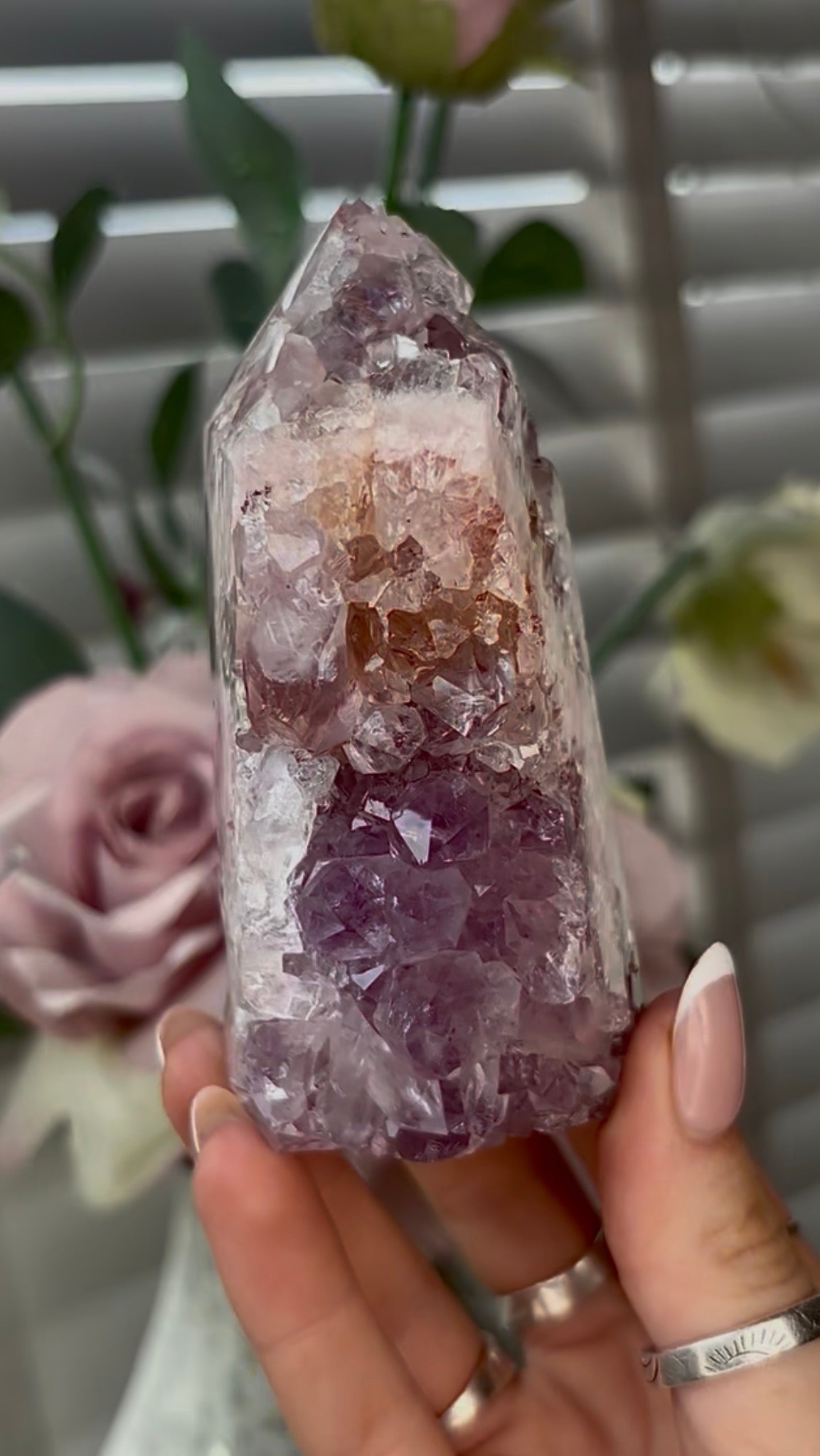 Beautiful, hq, druzy, Pink amethyst tower 10.6cm(h) by 5.8cm(w)