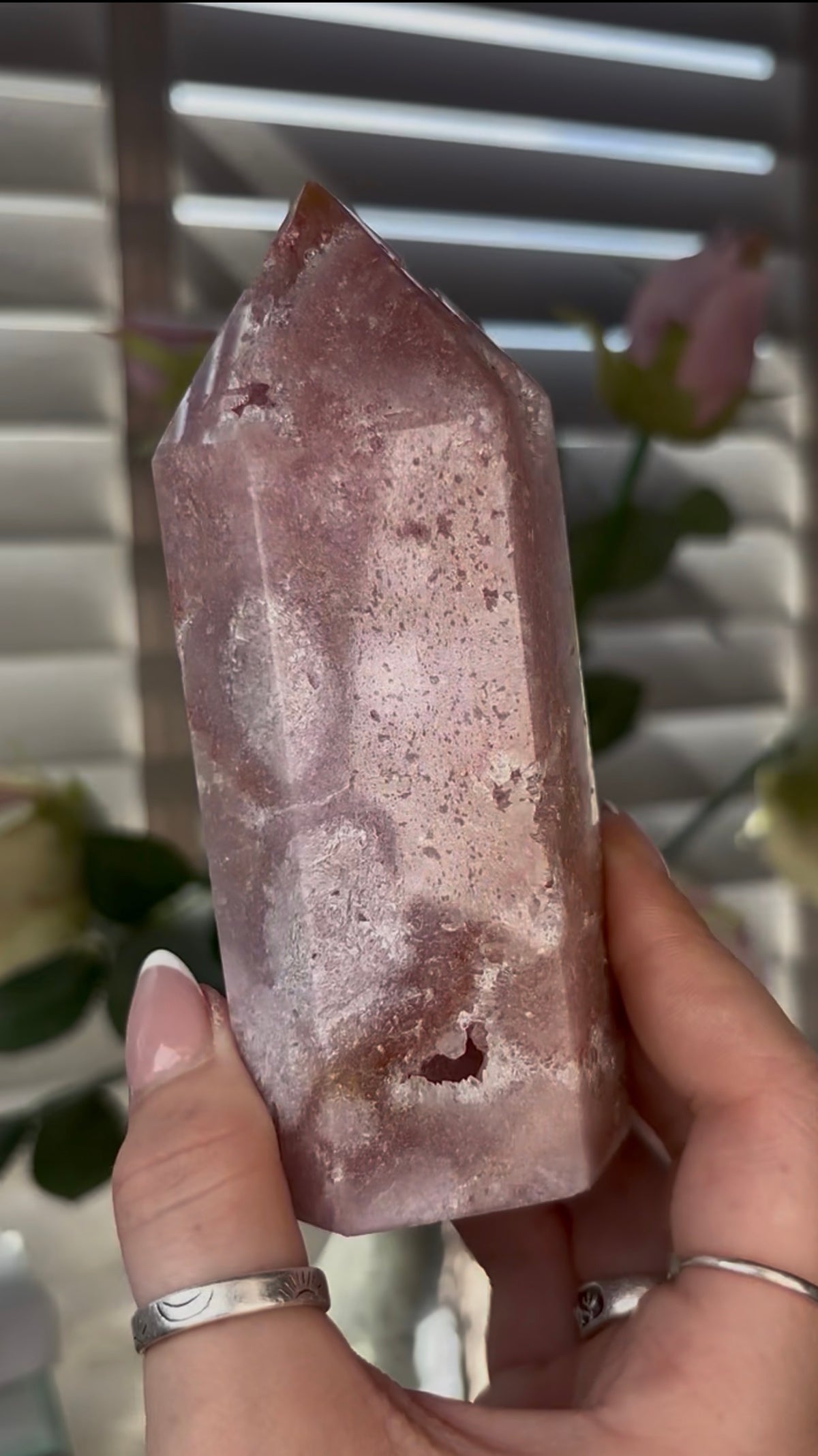 Beautiful, Pink amethyst tower with quartz 12.5cm(h) by 5cm(w)