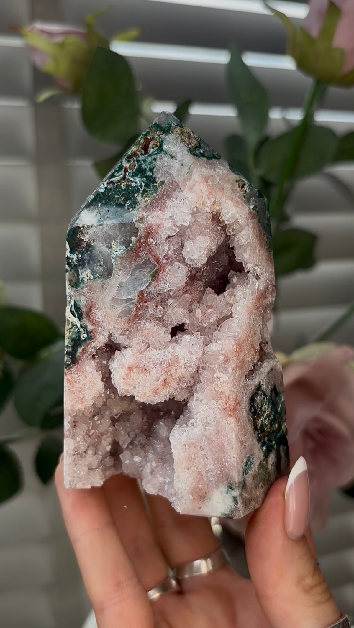 Beautiful, high quality, Pink amethyst tower with Jasper 10.2cm(h) by 6.5cm(w)