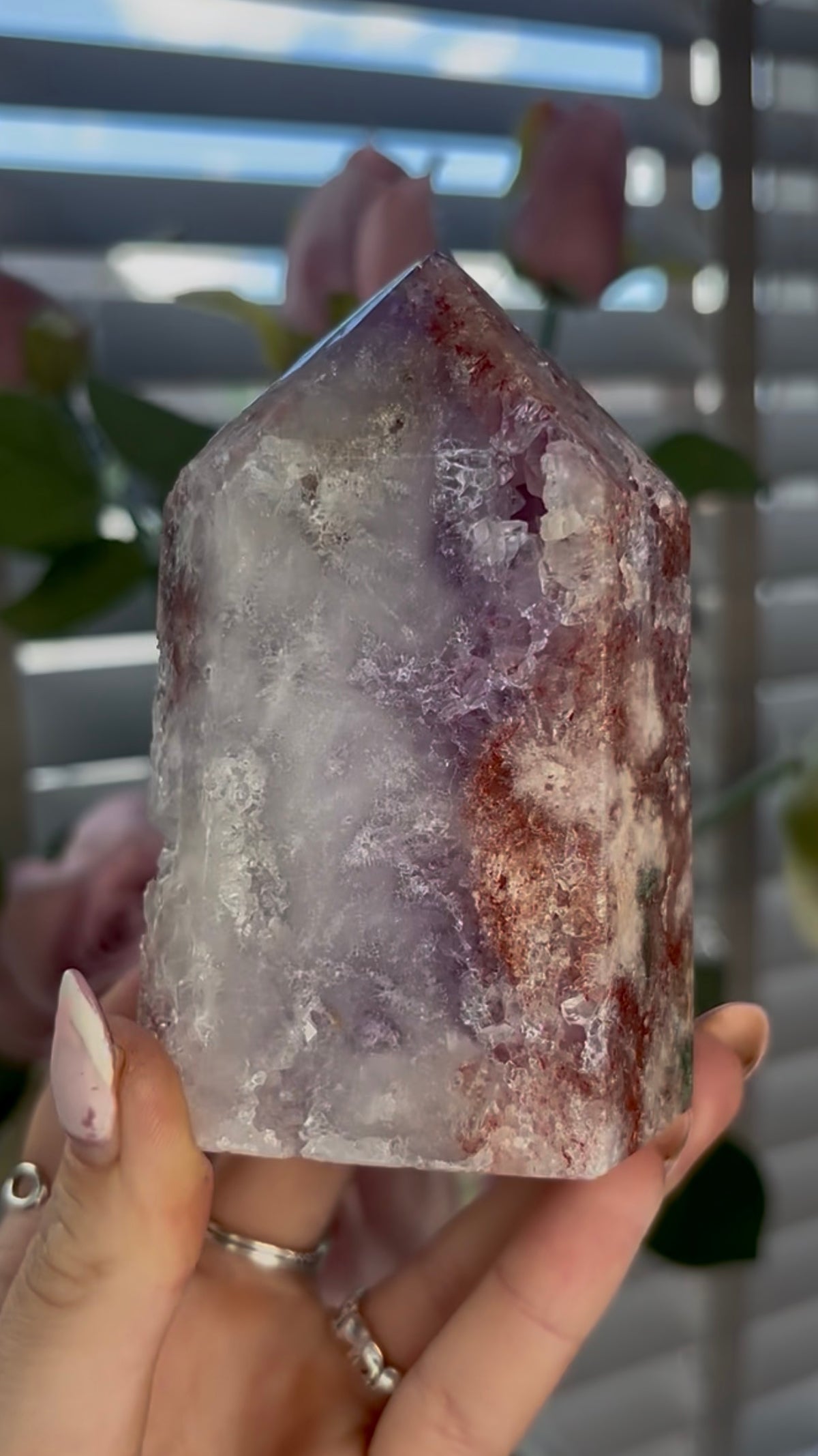 Beautiful, high quality, Pink amethyst tower with quartz & flower formations