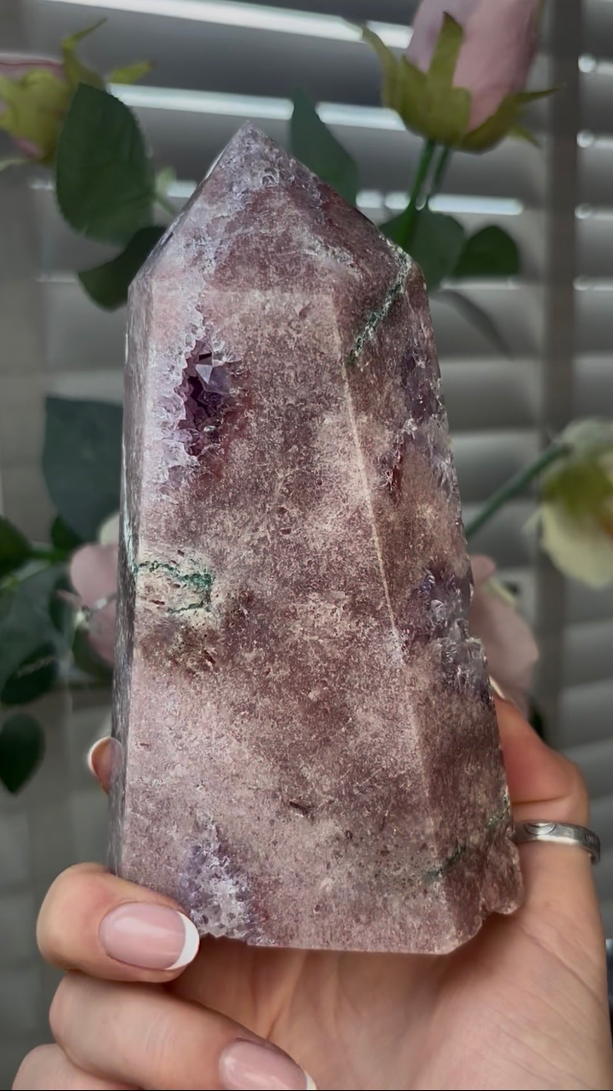 Beautiful, high quality, Pink amethyst tower with lilac quartz druzy teeth  14.7cm(h) by 8cm(w)