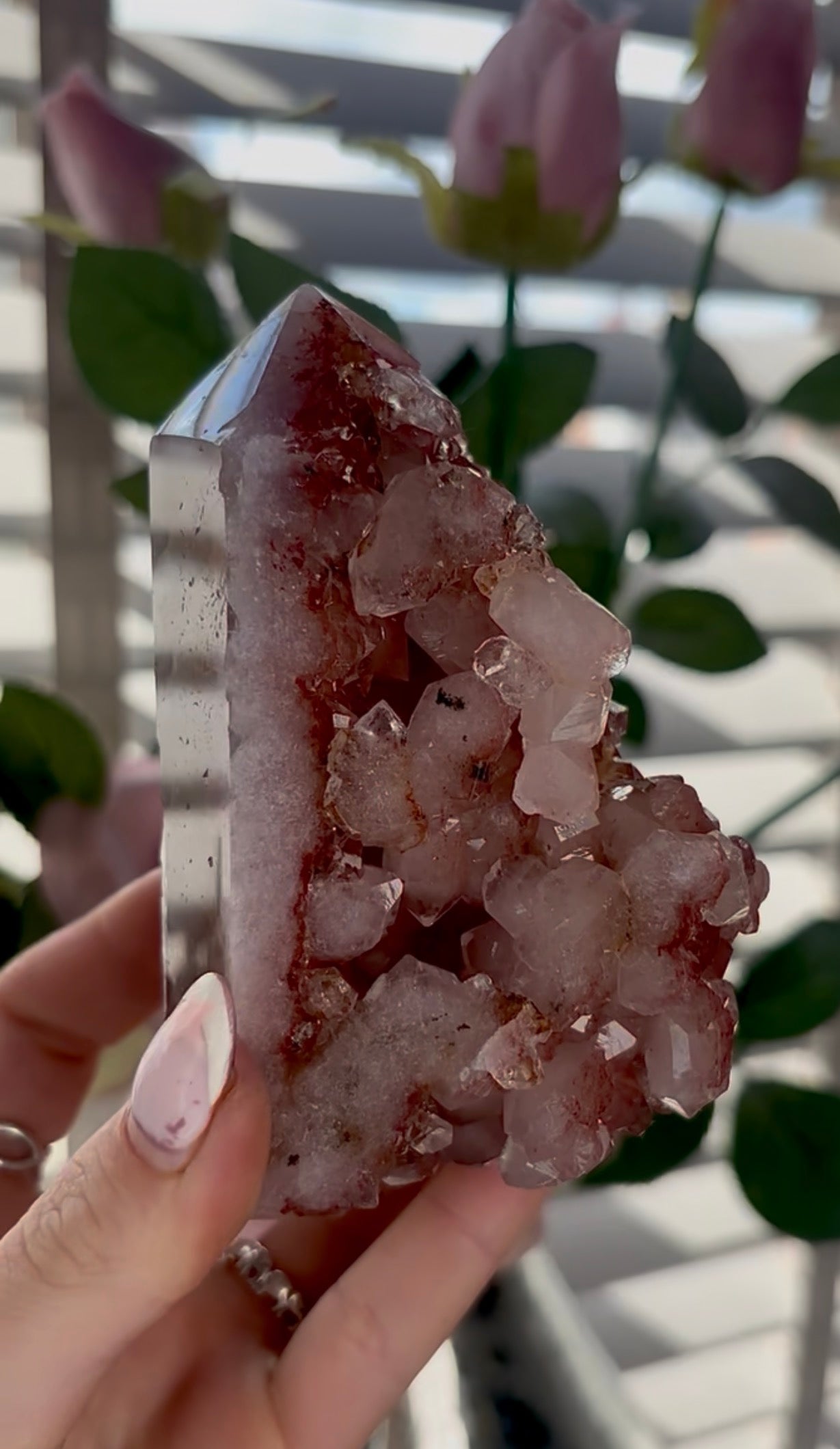 Beautiful, high quality, Pink amethyst tower in burnt orange/red tones with chewing gum druzy