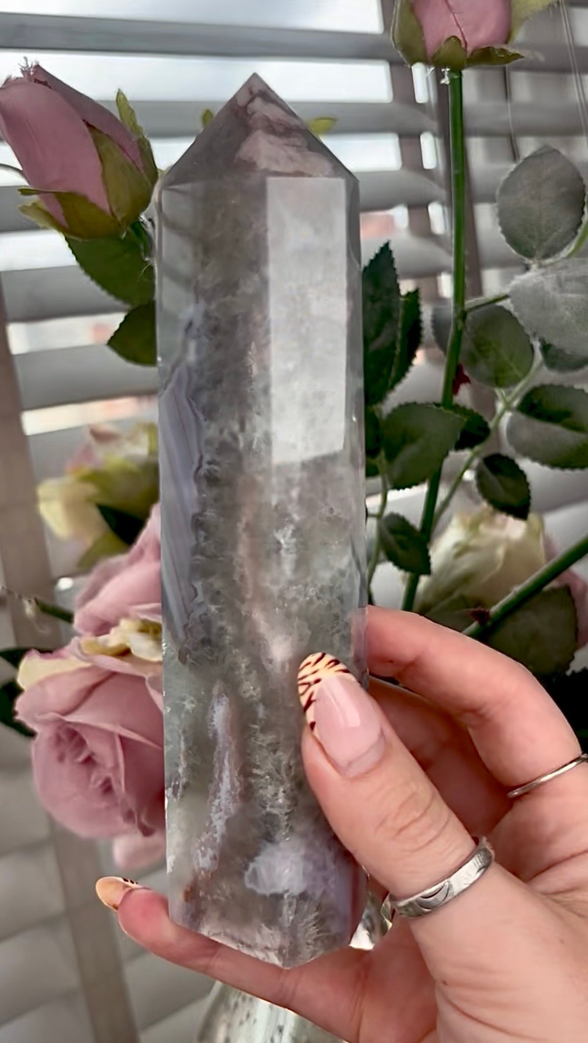 Stunning!! Super high quality, Druzy, green chlorite x blue flower agate tower