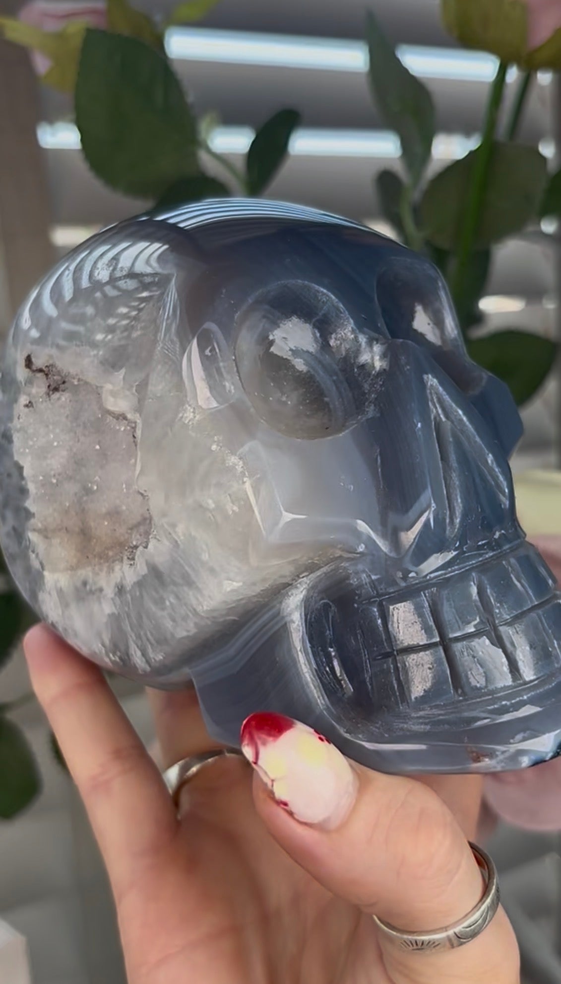 Beautiful, blue banded, amethyst agate, skull with incredible druzy