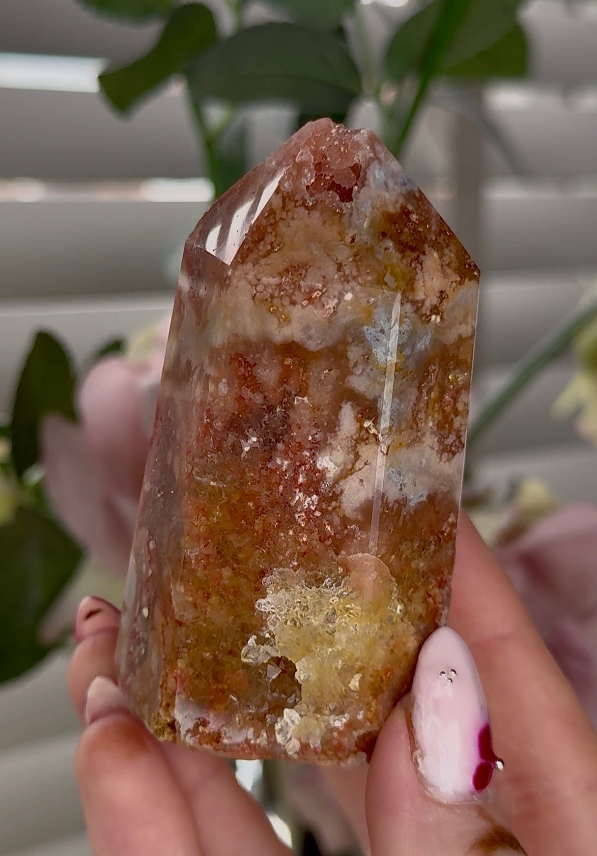 Pink amethyst tower with with agate & golden healer inclusions 8cm by 4.5cm