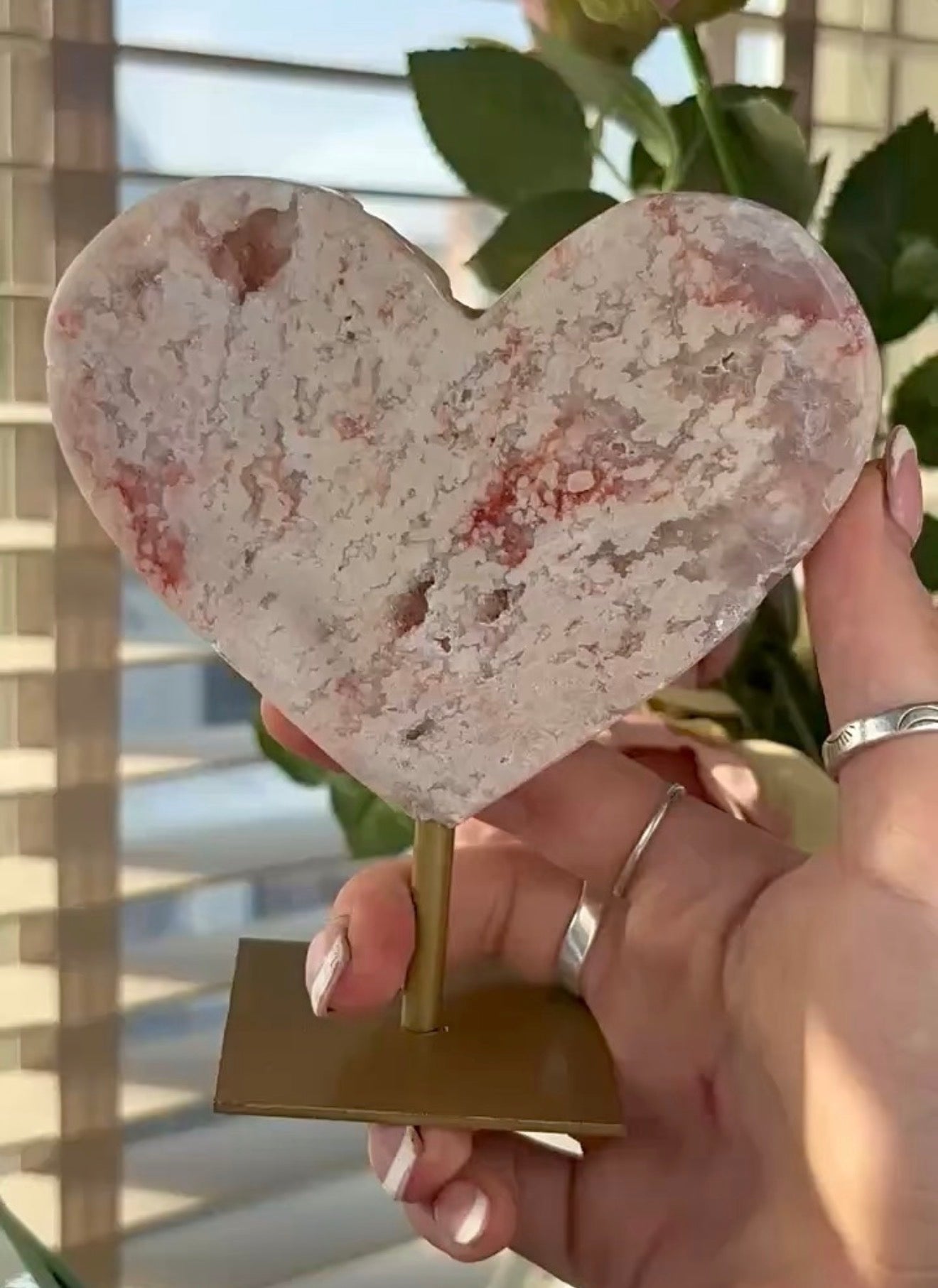 High quality pink amethyst heart with stand