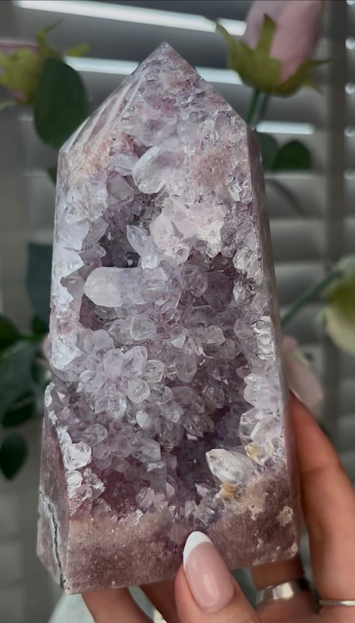 Beautiful, high quality, Pink amethyst tower with lilac quartz druzy teeth  14.7cm(h) by 8cm(w)
