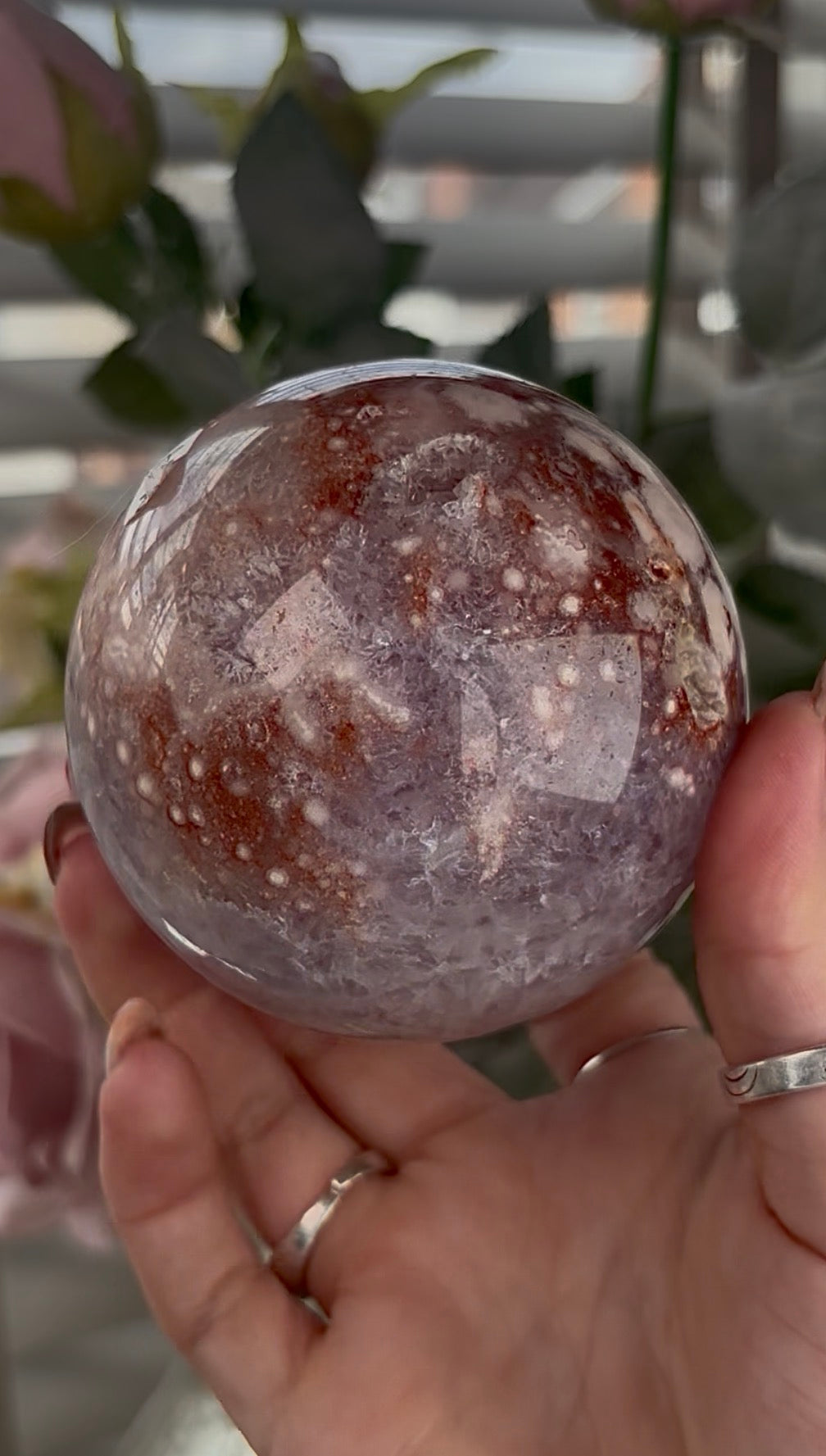High grade, amethyst Flower agate sphere with high clarity quartz
