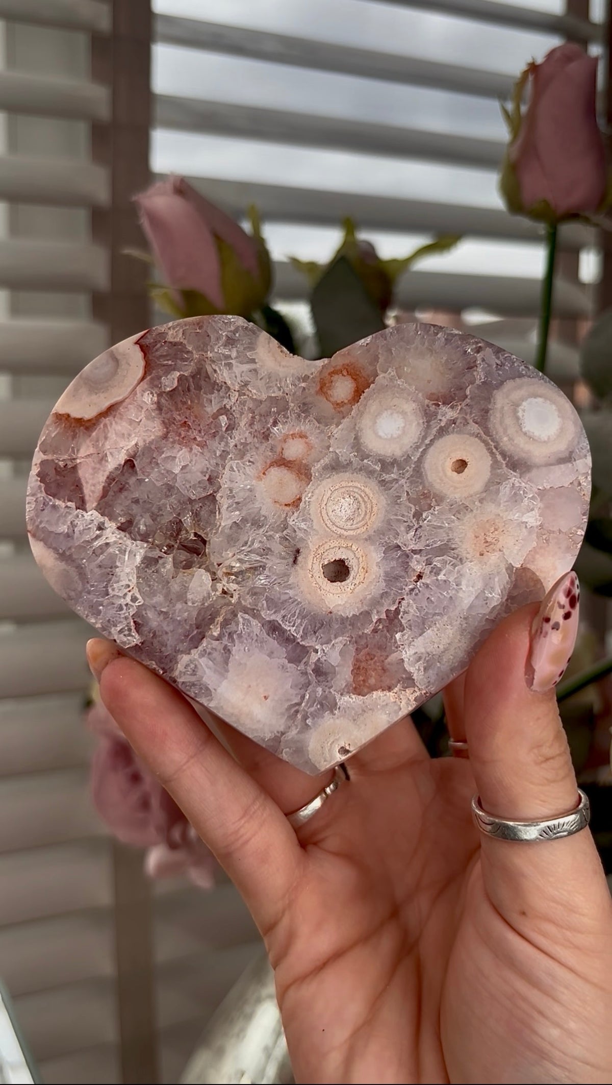 High grade, amethyst Flower agate heart with high clarity quartz