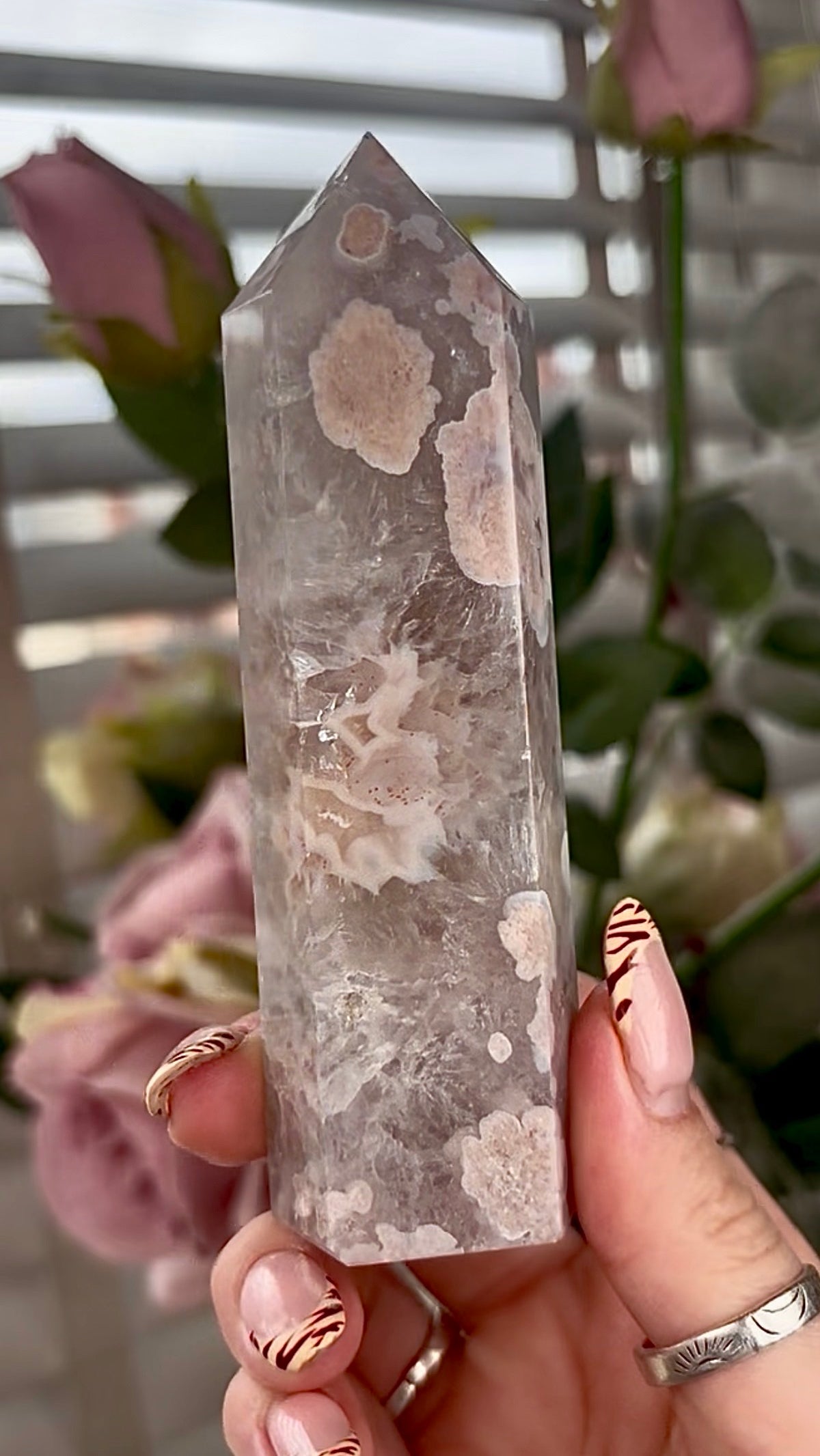 Stunning!! Super high quality, Druzy, green chlorite x blue flower agate tower