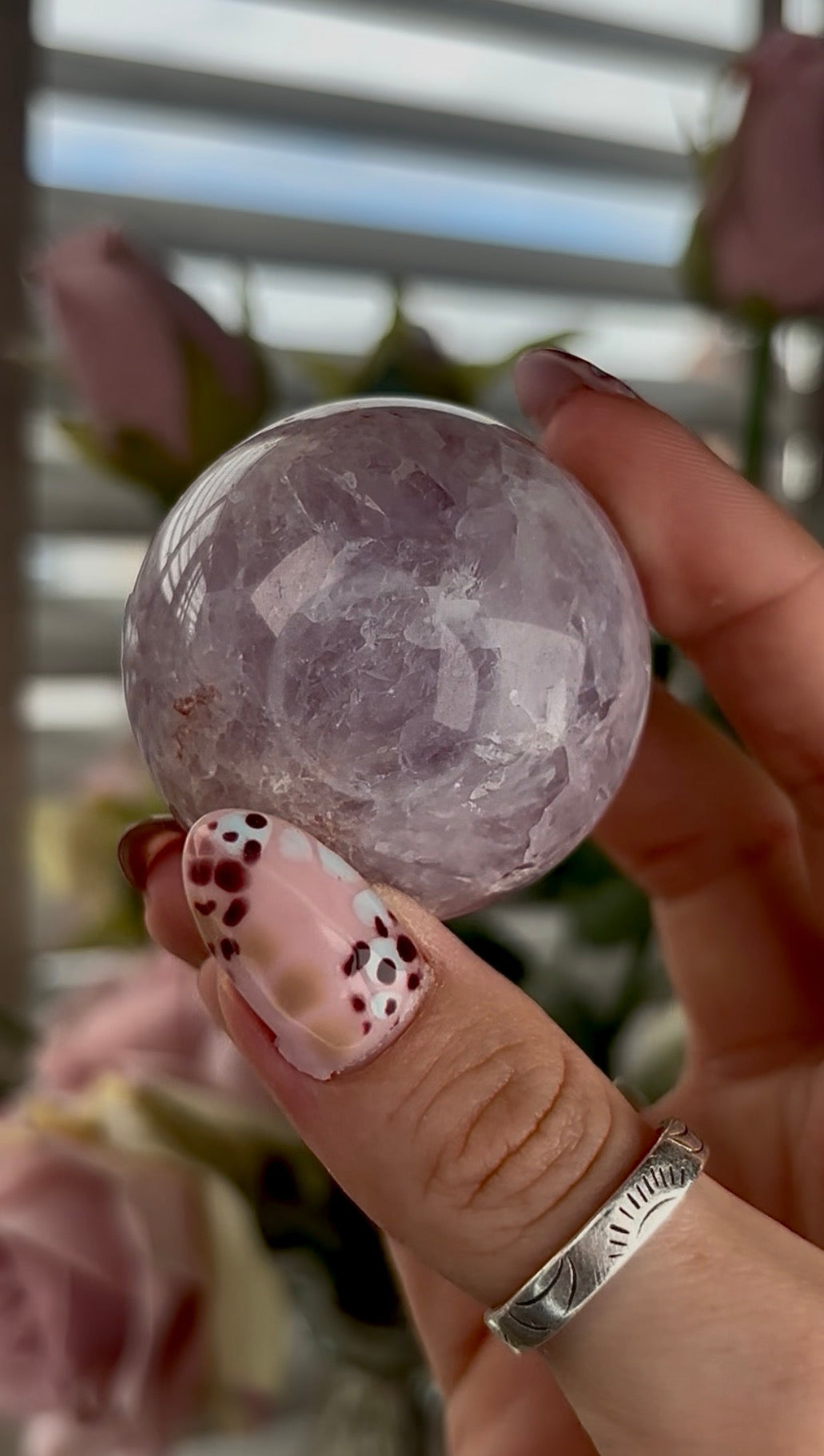 High grade, amethyst Flower agate sphere with high clarity quartz - 4.6cm
